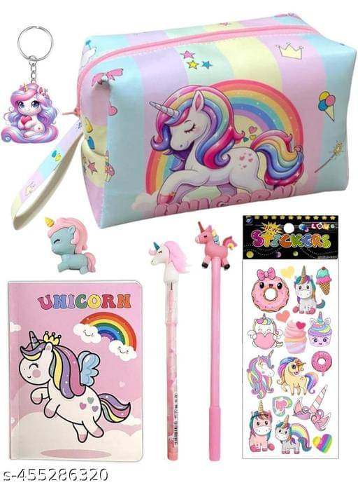     			unicorn big size multi utility storage stationary pouch with cute mini diary & stationary supplies for school girls kids (combo pack of 7 items) (rainbow)