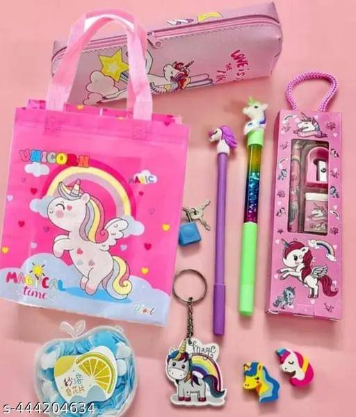     			unicorn zipper pouch , stationery set scale pencil sharpener , unicorn keychain,water glitter gel pen, eraser set I birthday party return gifts (13 items combo)