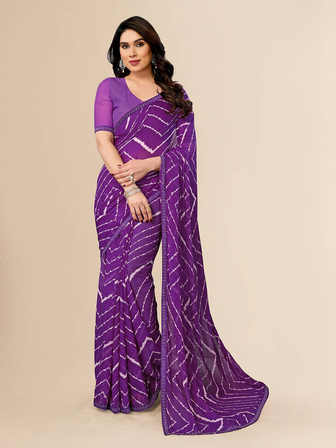 ANAND SAREES Georgette Embellished Leheriya Saree With Unstitched Blouse Piece ( Purple ) ANAND SAREES Georgette Embellished Leheriya Saree With Unstitched Blouse Piece ( Purple )