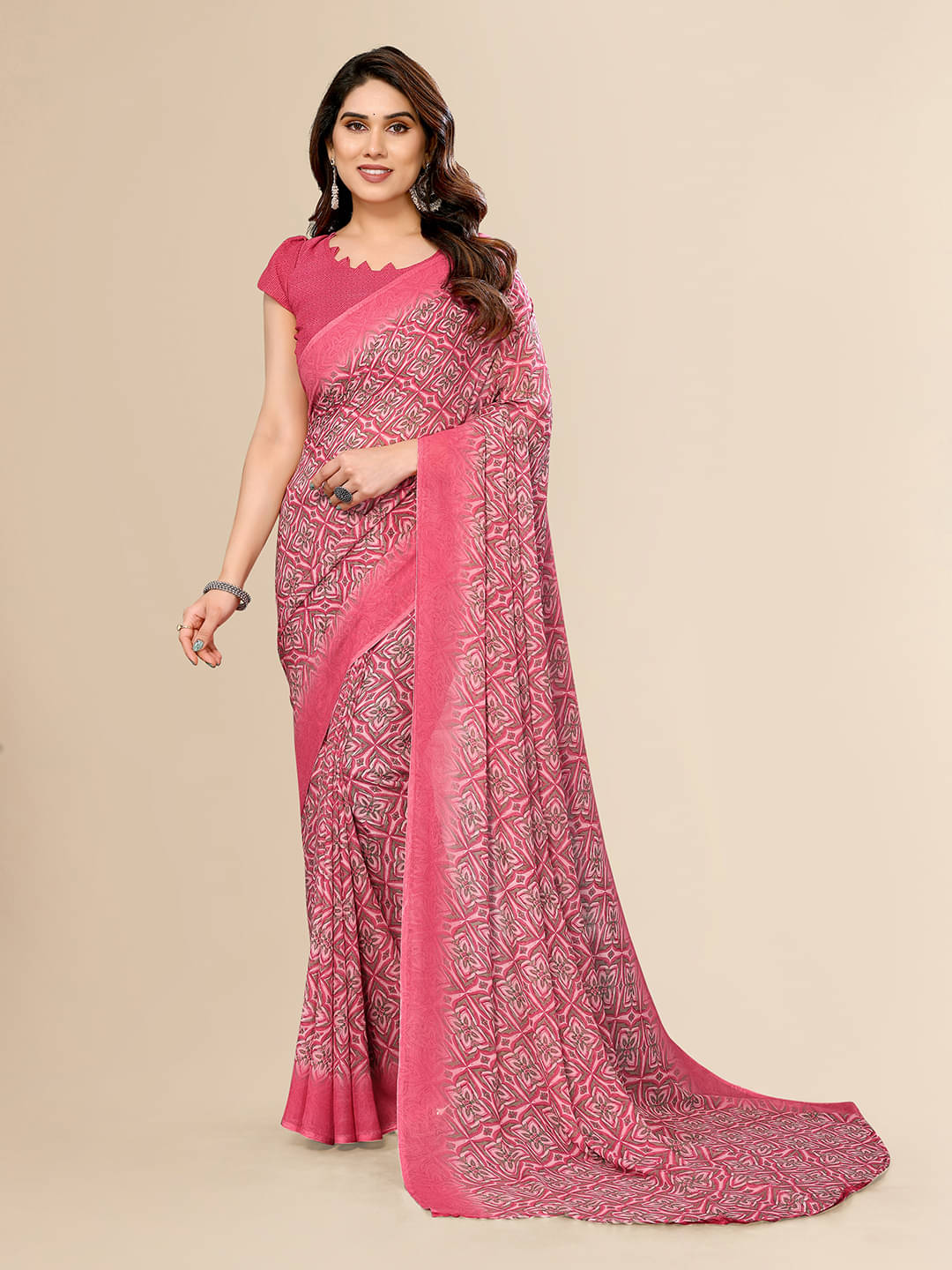     			ANAND SAREES Georgette Printed Chanderi saree With Unstitched Blouse Piece ( Pink )
