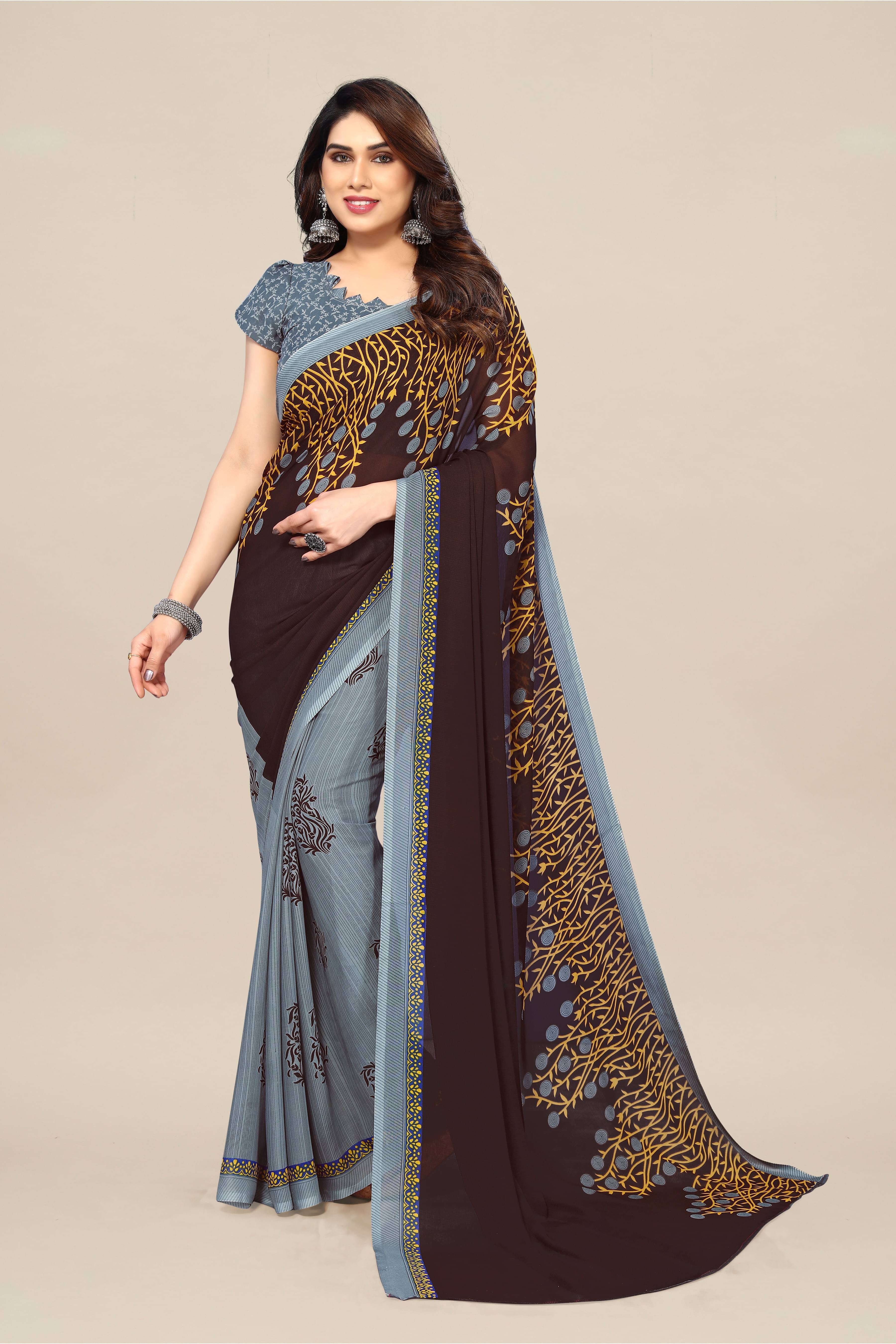     			ANAND SAREES Georgette Printed Chanderi saree With Unstitched Blouse Piece ( Brown )