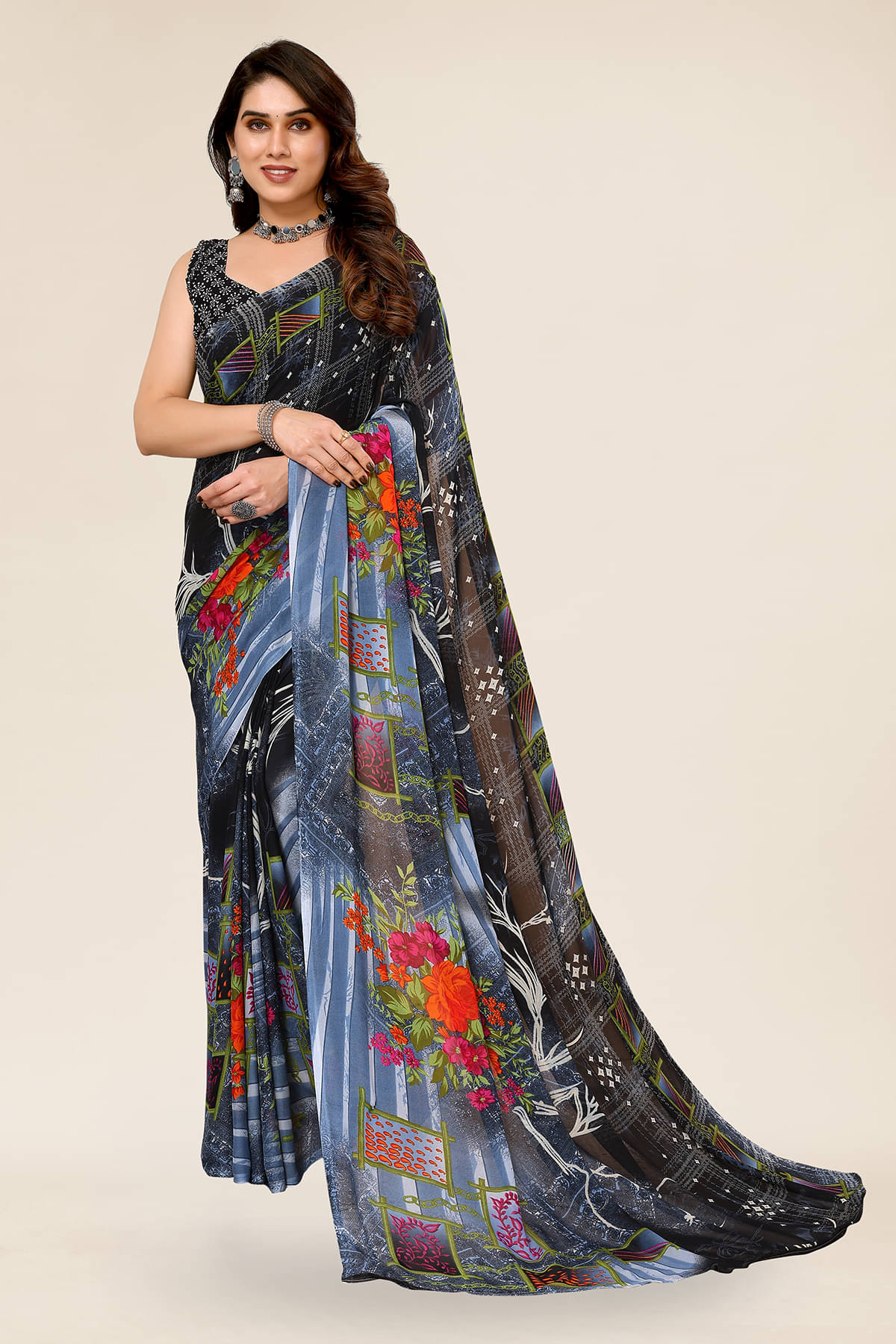     			ANAND SAREES Georgette Printed Chanderi saree With Unstitched Blouse Piece ( Grey )