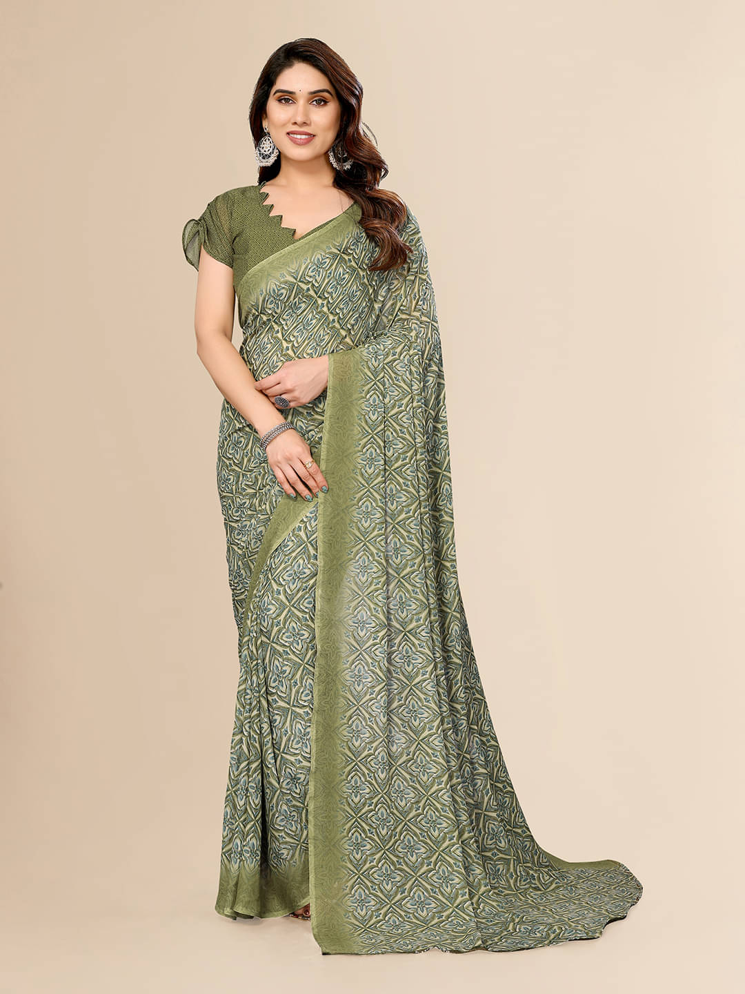    			ANAND SAREES Georgette Printed Chanderi saree With Unstitched Blouse Piece ( Green )