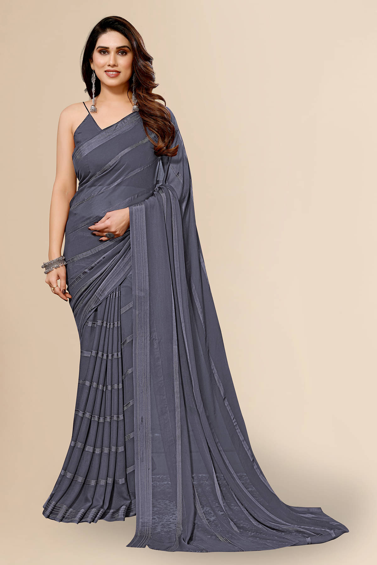     			ANAND SAREES Satin Embellished Kasavu Saree With Unstitched Blouse Piece ( Grey )