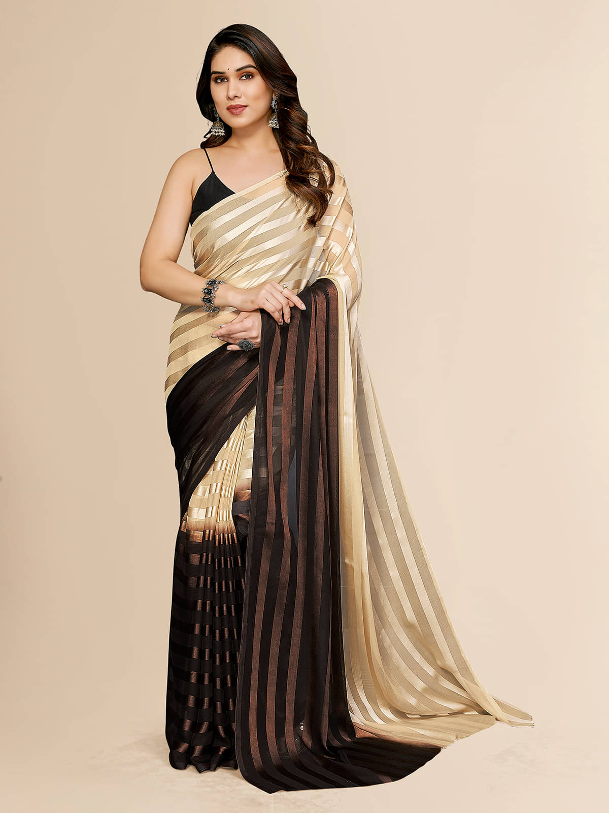 ANAND SAREES Satin Embellished Kasavu Saree With Unstitched Blouse Piece ( Brown ) ANAND SAREES Satin Embellished Kasavu Saree With Unstitched Blouse Piece ( Brown )
