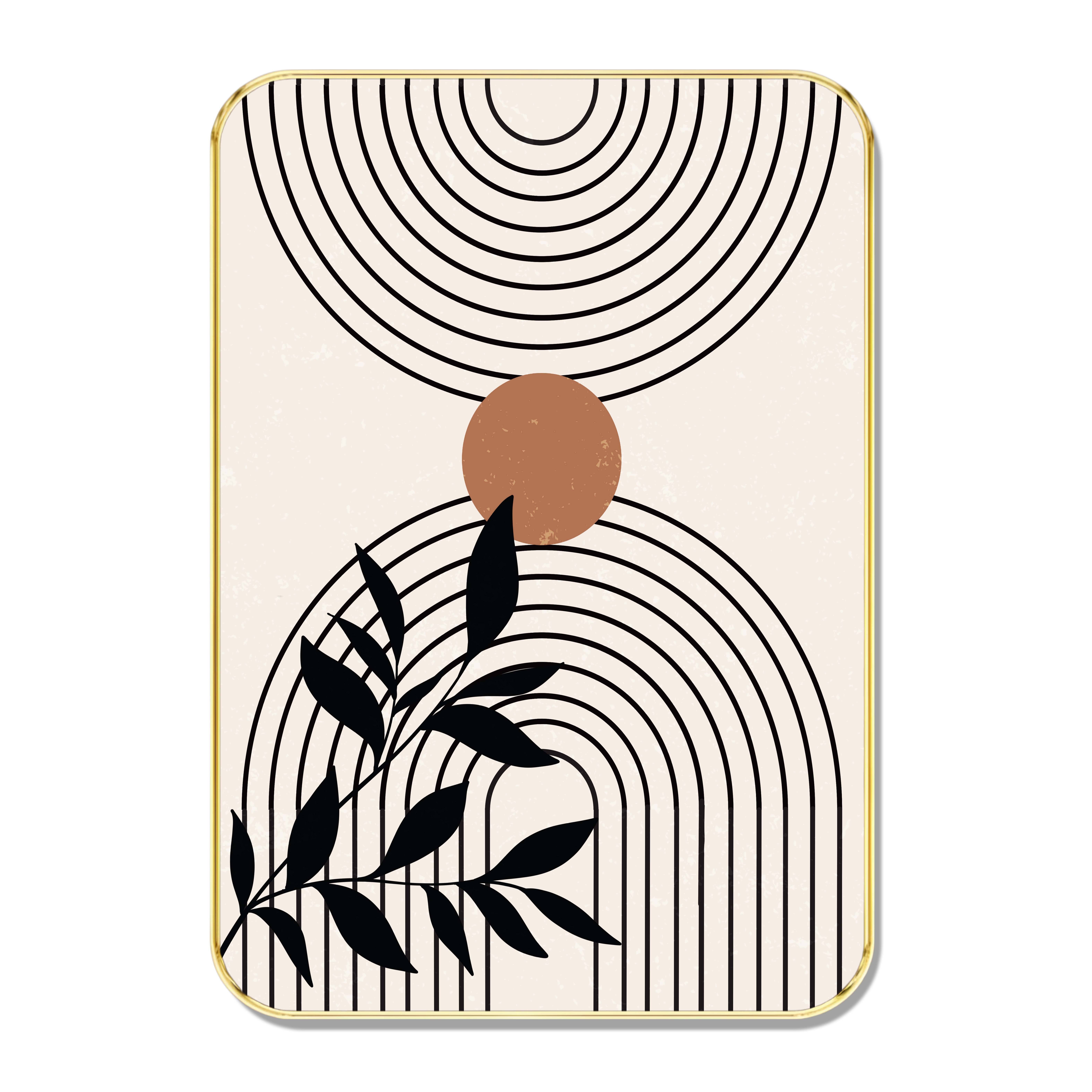     			Abstract Botanical Line Art Wall Painting – Modern Geometric Leaf Design with Gold Frame | Minimalist Black Line & Circle Artwork for Living Room, Office