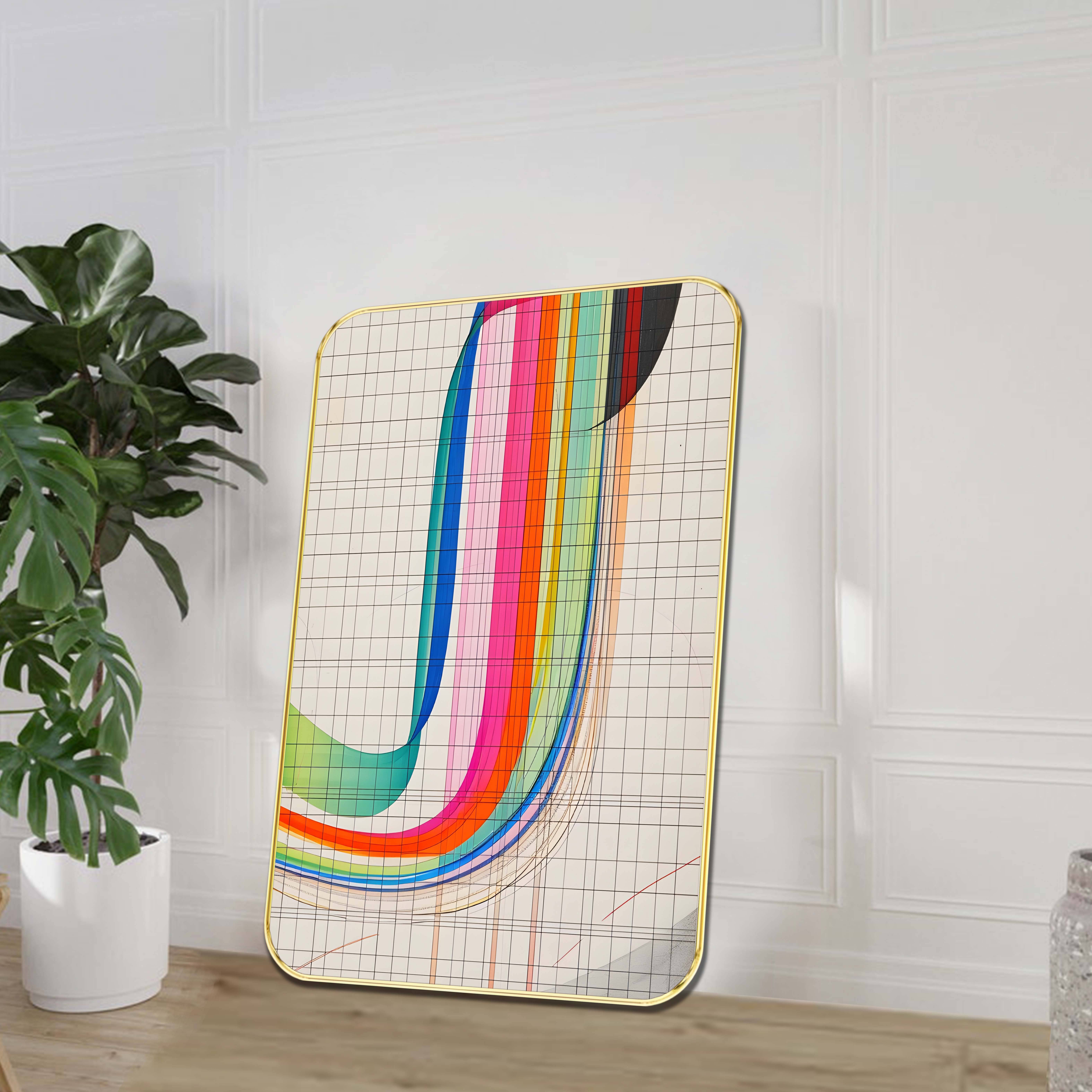     			Abstract Grid Line Wall Art | Colorful Flowing Curve on Graph Paper Background | Modern Geometric Painting for Office & Living Room Decor