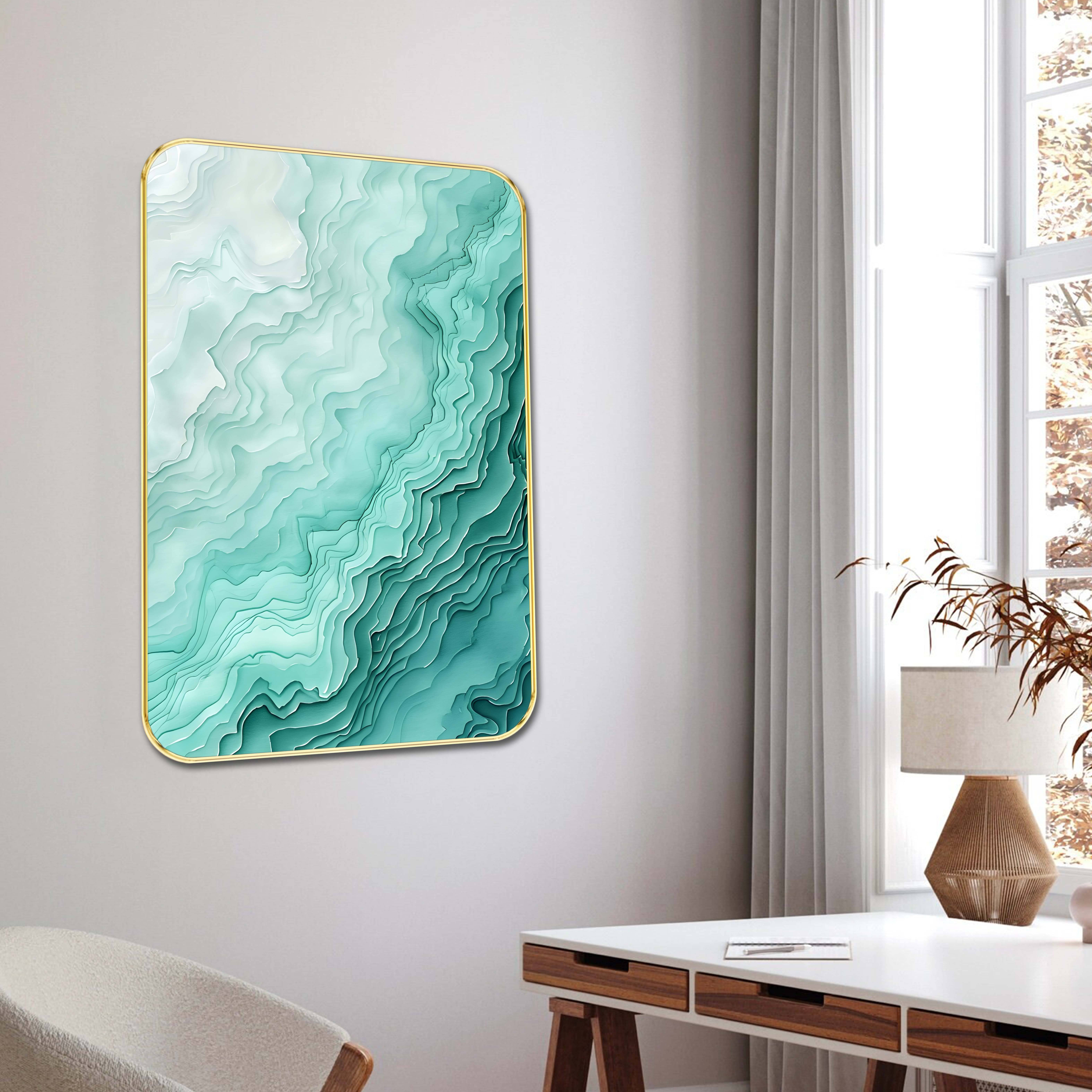     			Abstract Topographic Wall Art with Golden Frame – 3D Layered Terrain Design in Aqua Green Gradient | HD Modern Textured Print for Living Room, Office, Hallway – Vertical Frame