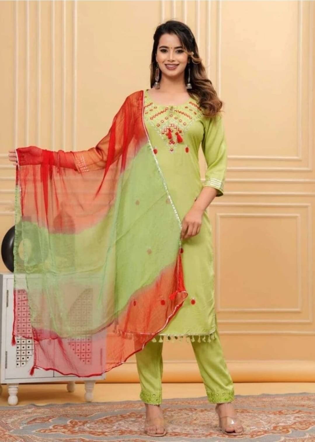     			Anjali Fashion Women Rayon Embroidered A-line Kurti With Pants ( Green )