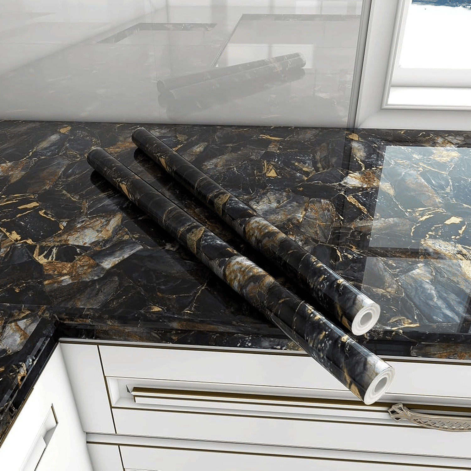 Black and Big Golden Pattern Wall Stickers Marble Wallpaper PVC Oil-Proof Waterproof Self Adhesive Bathroom Wall Stickers (60cm * 200cm) (Pack Of 2) Black and Big Golden Pattern Wall Stickers Marble Wallpaper PVC Oil-Proof Waterproof Self Adhesive Bathroom Wall Stickers (60cm * 200cm) (Pack Of 2)