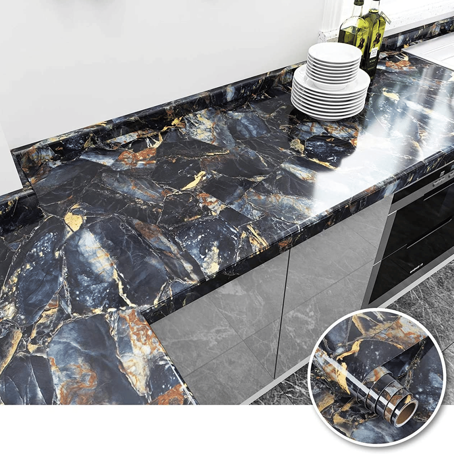 Black and Big Golden Pattern Wall Stickers Marble Wallpaper PVC Oil-Proof Waterproof Self Adhesive Bathroom Wall Stickers (60cm * 200cm) (Pack Of 2) Black and Big Golden Pattern Wall Stickers Marble Wallpaper PVC Oil-Proof Waterproof Self Adhesive Bathroom Wall Stickers (60cm * 200cm) (Pack Of 2)