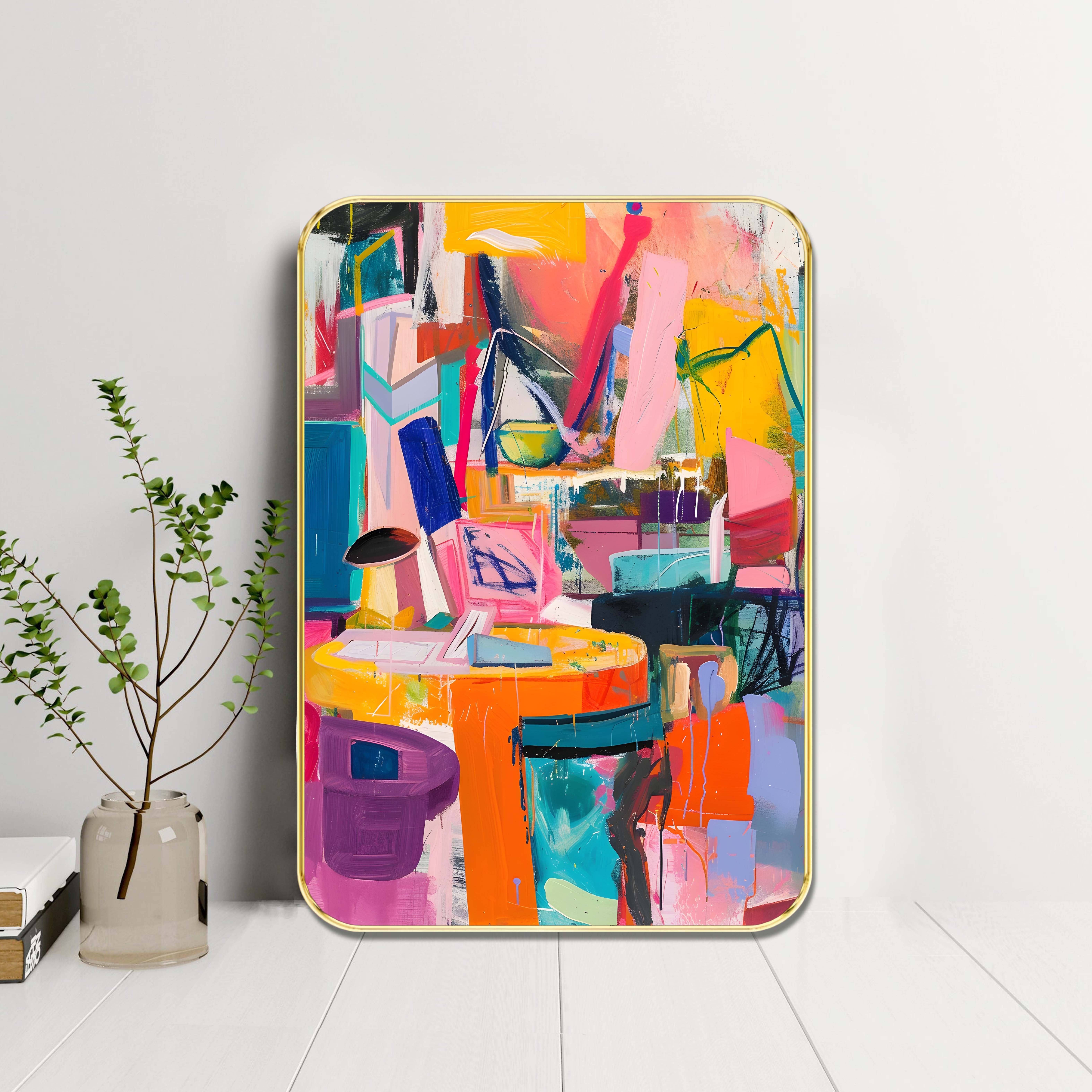     			Bold Abstract Expressionist Wall Art with Golden Frame – Multicolor Chaos-Inspired Modern Painting in HD Print – Artistic Statement Piece for Living Room, Studio, Office Vertical