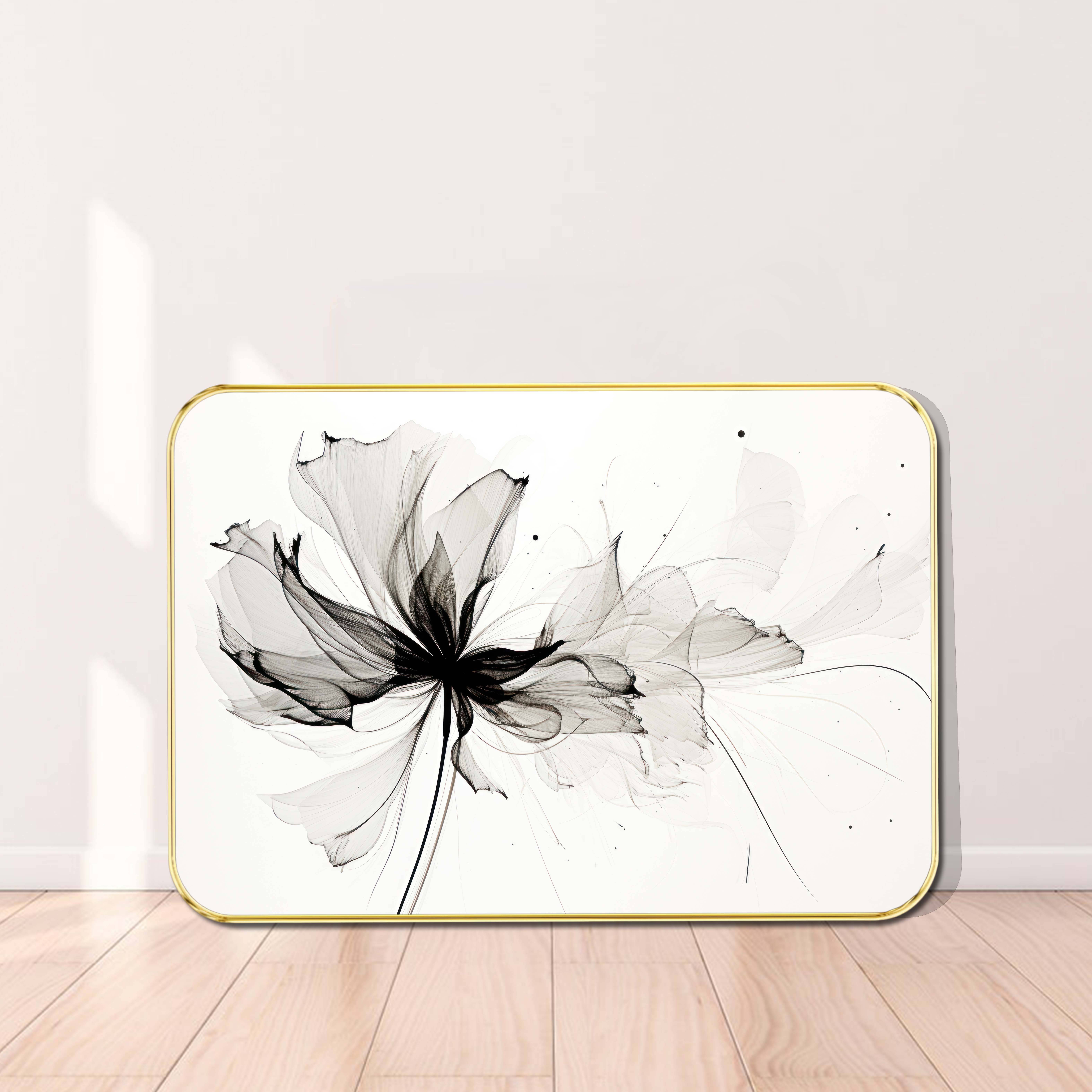 Ethereal Smoke Flower Wall Art – Minimalist Black Ink Petal Design Horizontal Golden Frame | Abstract Botanical Line Art Print for Living Room, Office, Bedroom Ethereal Smoke Flower Wall Art – Minimalist Black Ink Petal Design Horizontal Golden Frame | Abstract Botanical Line Art Print for Living Room, Office, Bedroom