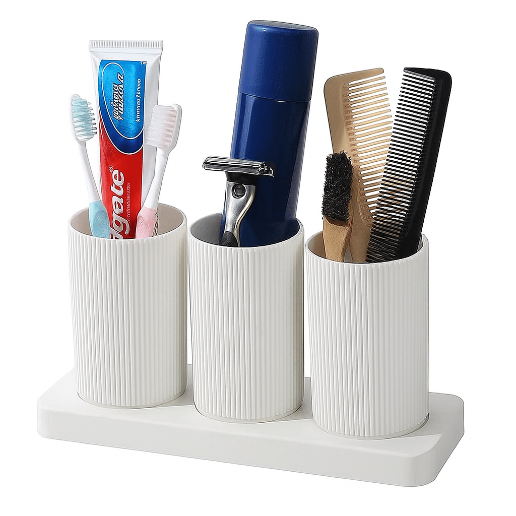     			FIT4CHEF 3 Section Toothbrush Toothpaste Holder | Bathroom Toiletries Organizer Stand Plastic Toothbrush Holder