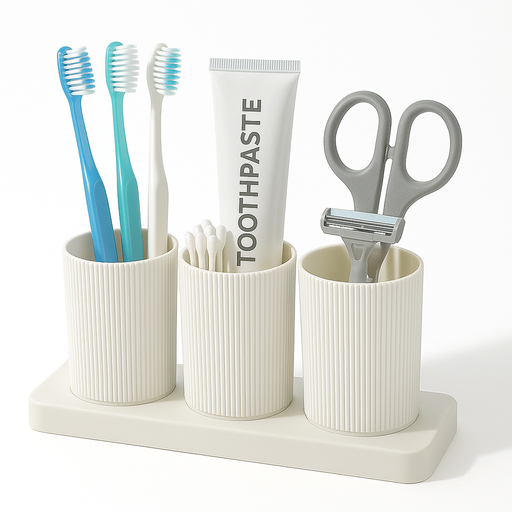     			FIT4CHEF 3 Section Toothbrush Toothpaste Holder | Bathroom Toiletries Organizer Stand Plastic Toothbrush Holder