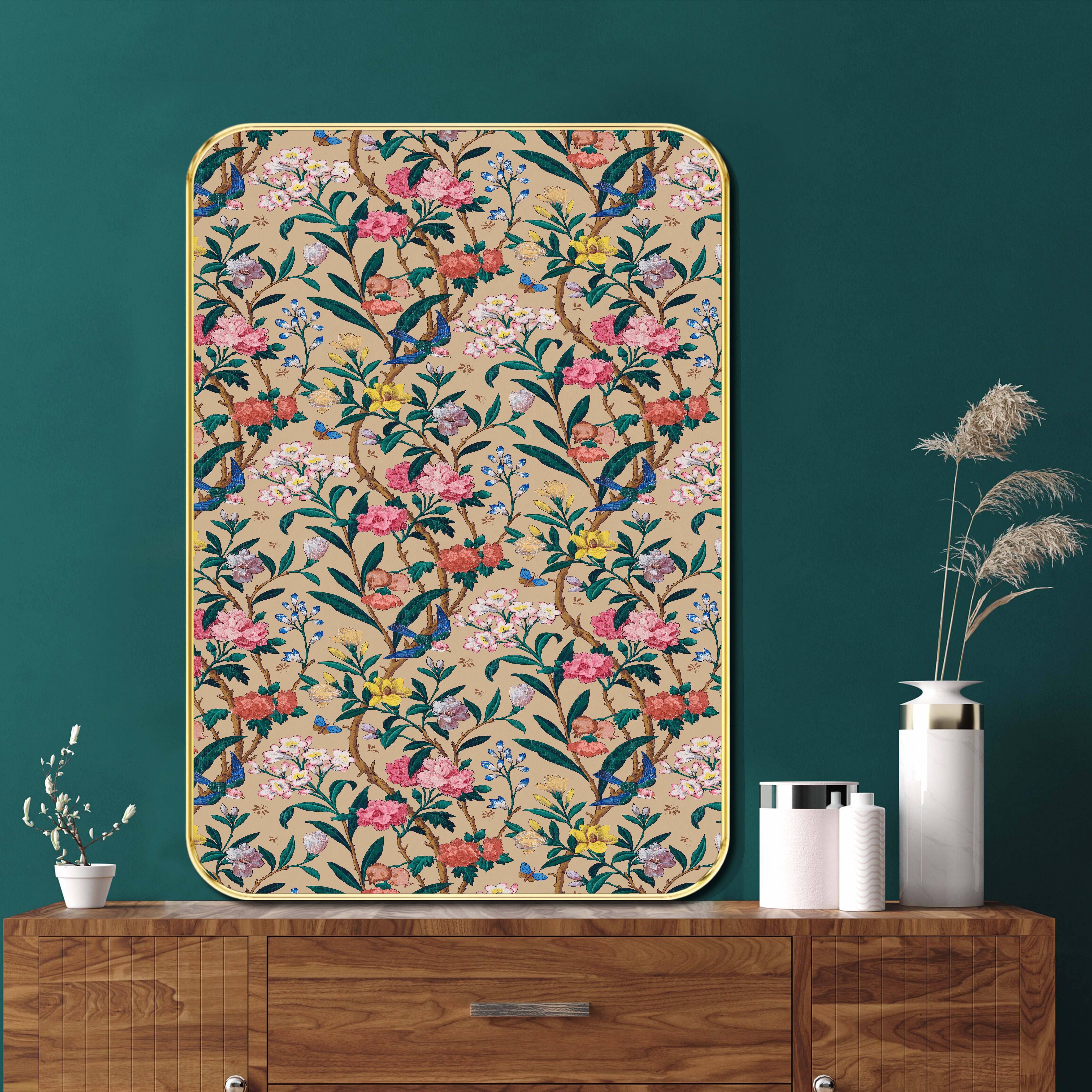     			Floral Chinoiserie Wall Art | Vintage Botanical Pattern with Birds, Vines & Butterflies on Beige Background | Framed Decorative Print for Living Room, Bedroom, or Gallery