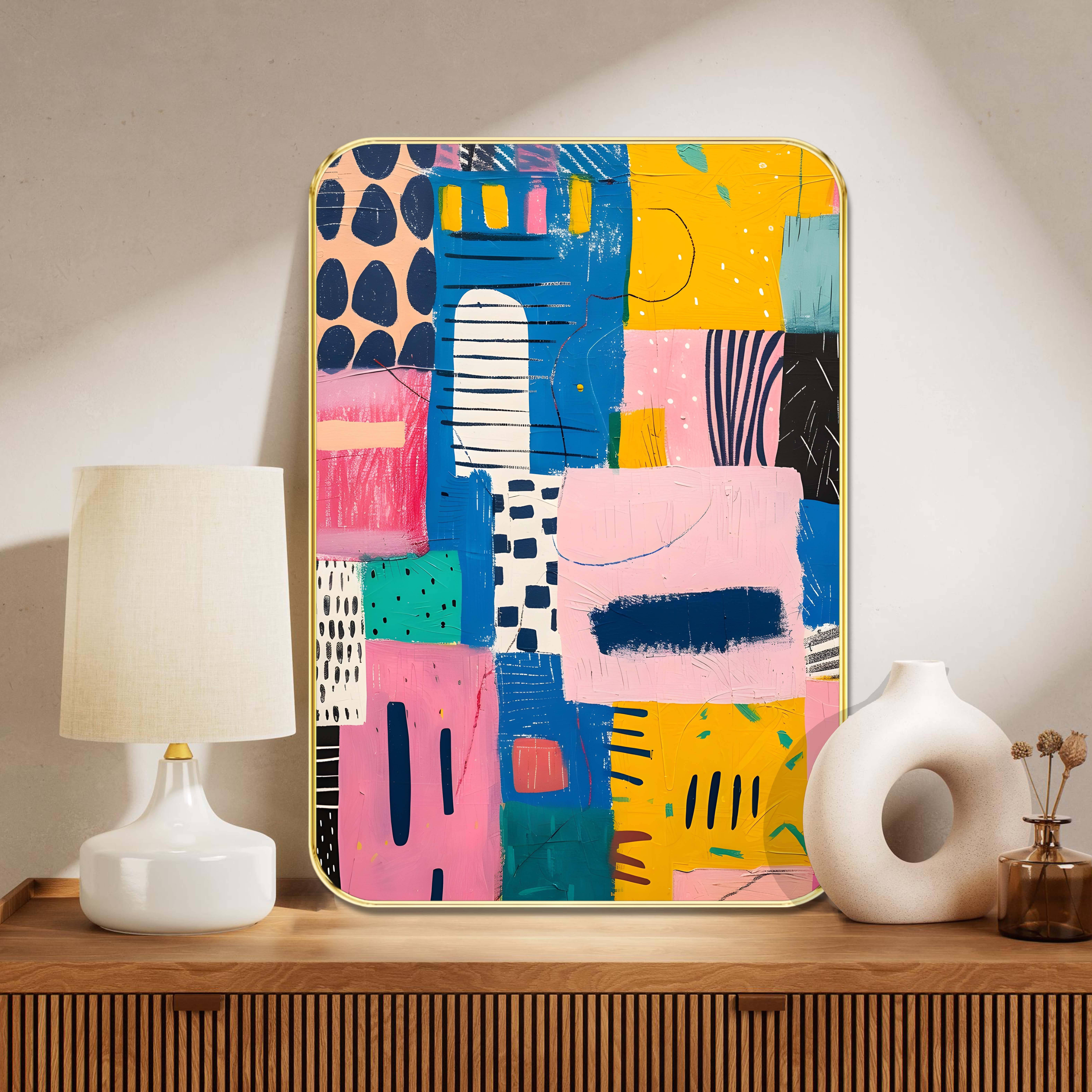     			Geometric Abstract Wall Art with Golden Frame – Colorful Modern Shapes in Blue, Pink, Yellow & Black – HD Artistic Print for Living Room, Studio, or Office Vertical Frame