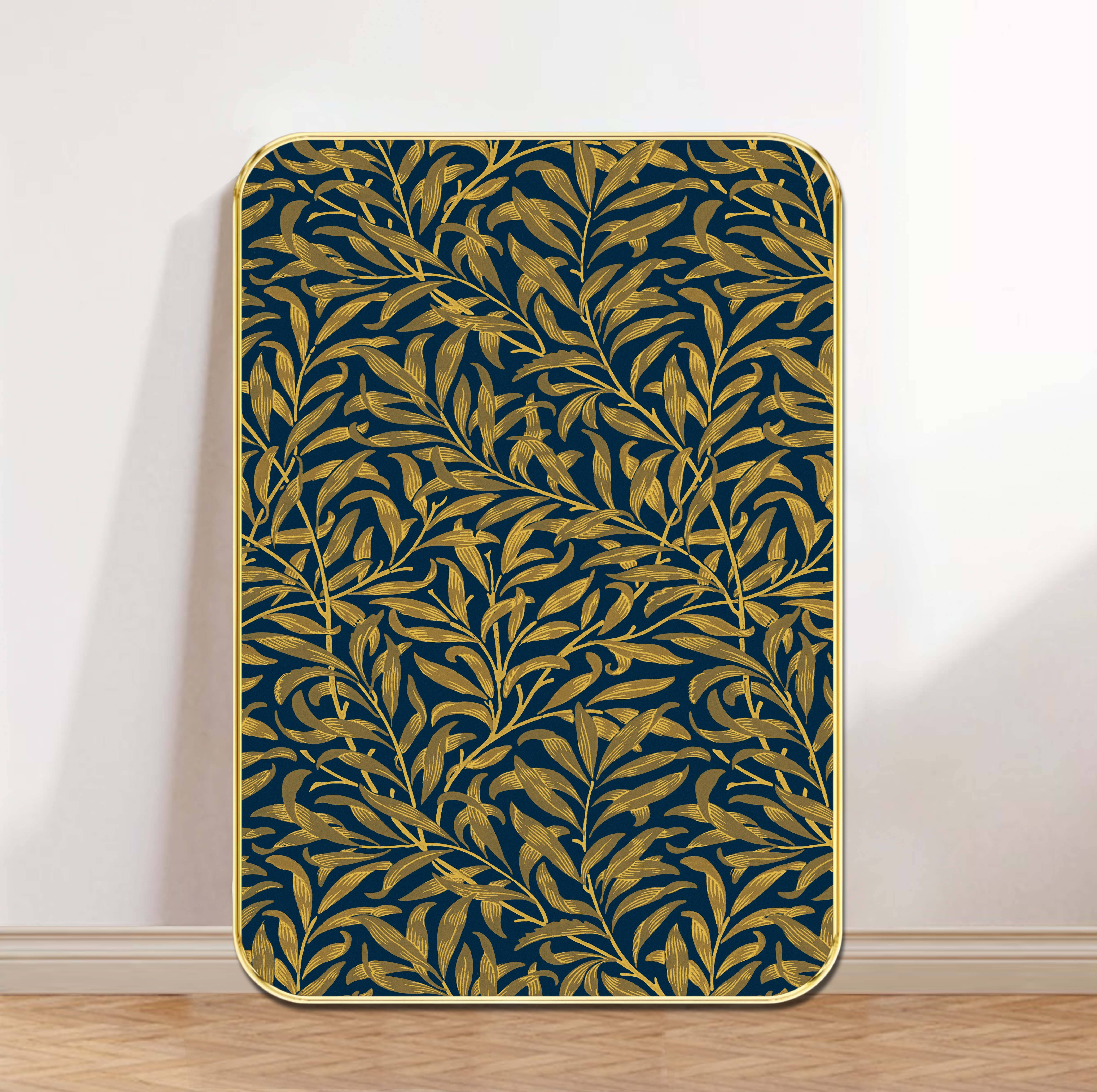     			Gold Botanical Leaf Wall Art | Elegant Metallic Foliage Design on Navy Blue Background | Modern Framed Nature-Inspired Home Decor for Living Room, Bedroom & Office