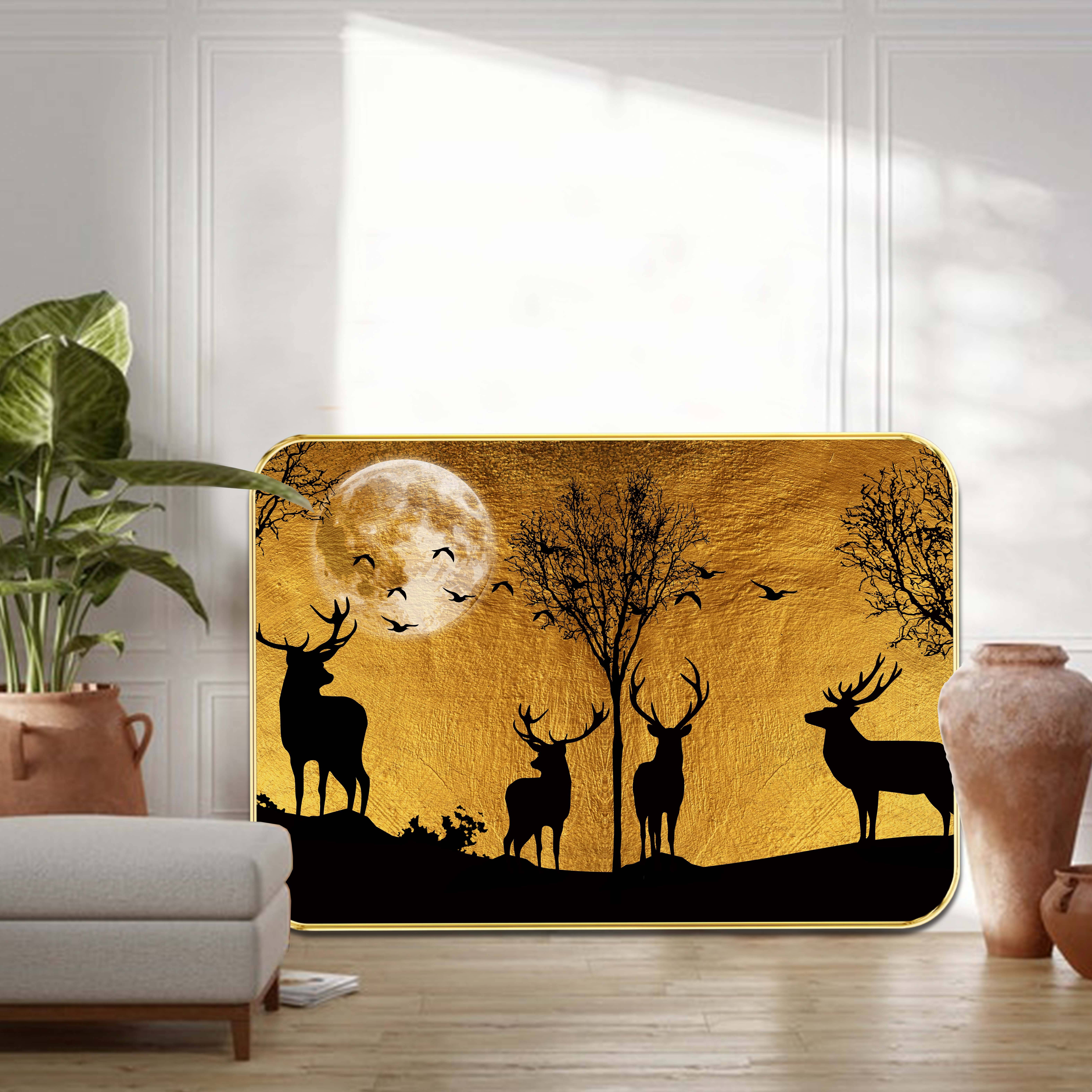     			Golden Deer Landscape Wall Art | Majestic Stag Silhouettes Under Full Moon on Textured Gold Background | HD Print on Premium MDF | Decorative Framed Painting for Living Room, Bedroom, Office –