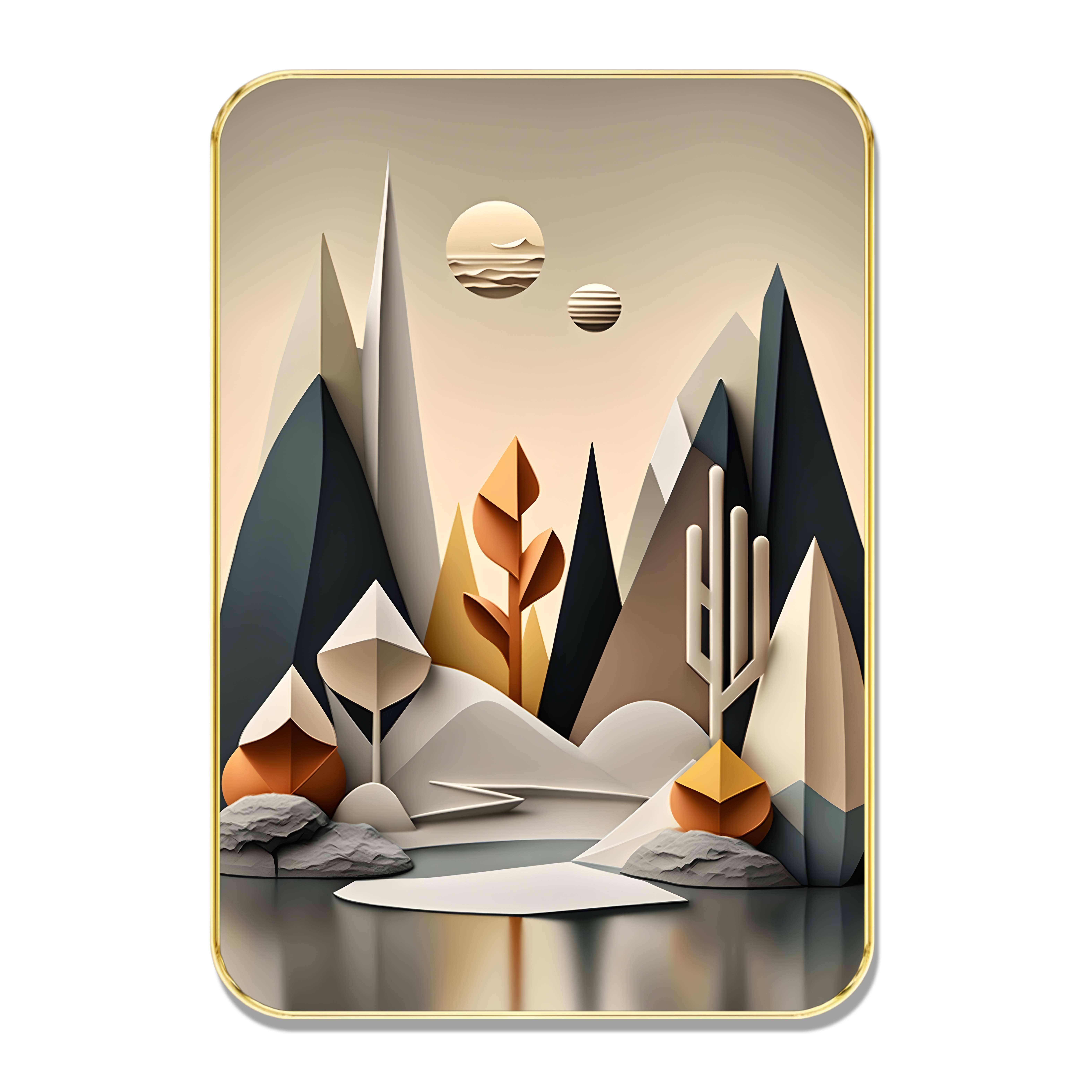 Golden Framed Abstract Mountain Landscape Wall Art – Geometric Nature Scene with Trees, Hills & Sunset | Modern Decorative Painting for Home & Office Golden Framed Abstract Mountain Landscape Wall Art – Geometric Nature Scene with Trees, Hills & Sunset | Modern Decorative Painting for Home & Office