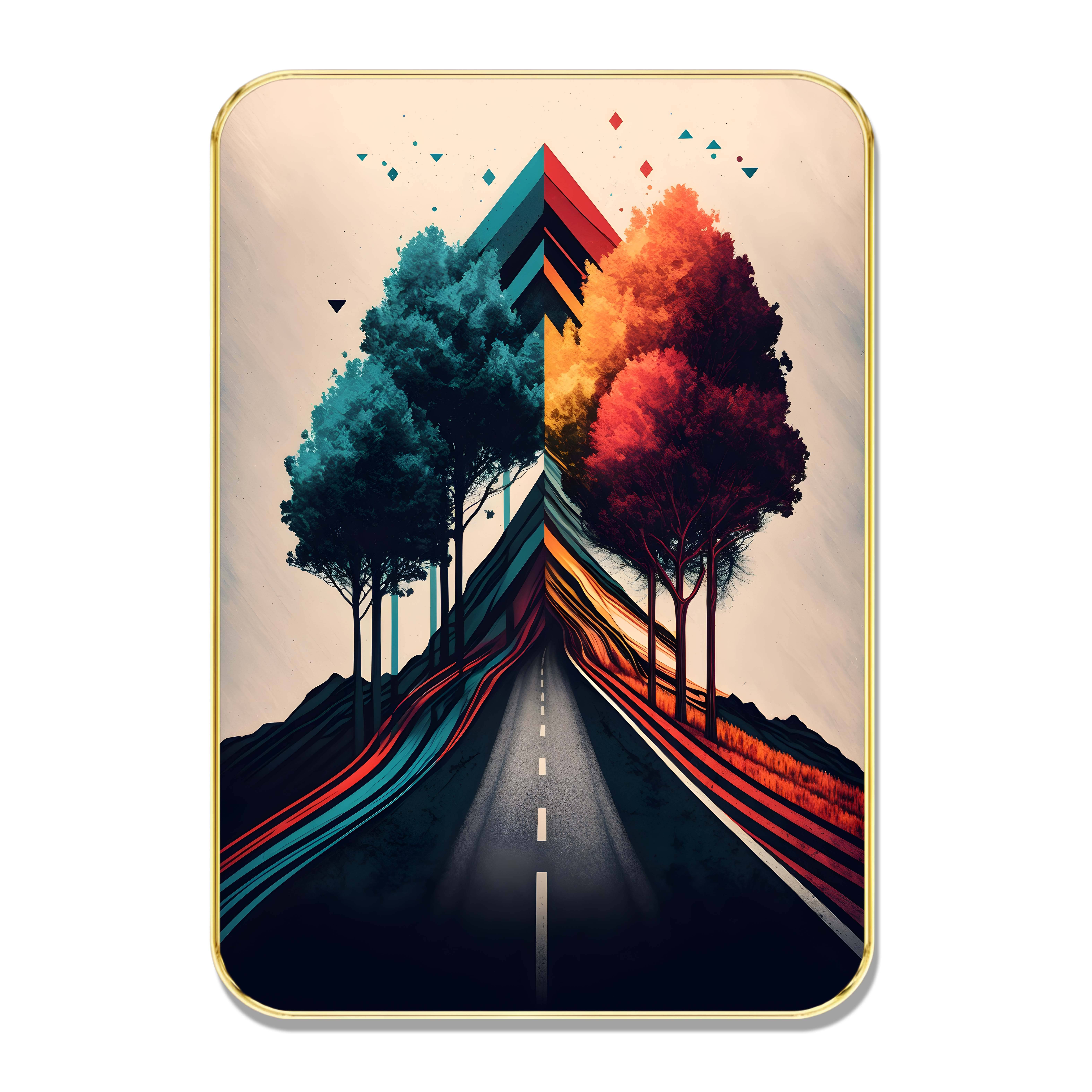 Golden Framed Surreal Forest Road Wall Art – Dual Tone Tree Landscape with Vibrant Colors & Abstract Highway | Modern Decorative Painting for Living Room, Office, or Bedroom     			Golden Framed Surreal Forest Road Wall Art – Dual Tone Tree Landscape with Vibrant Colors & Abstract Highway | Modern Decorative Painting for Living Room, Office, or Bedroom