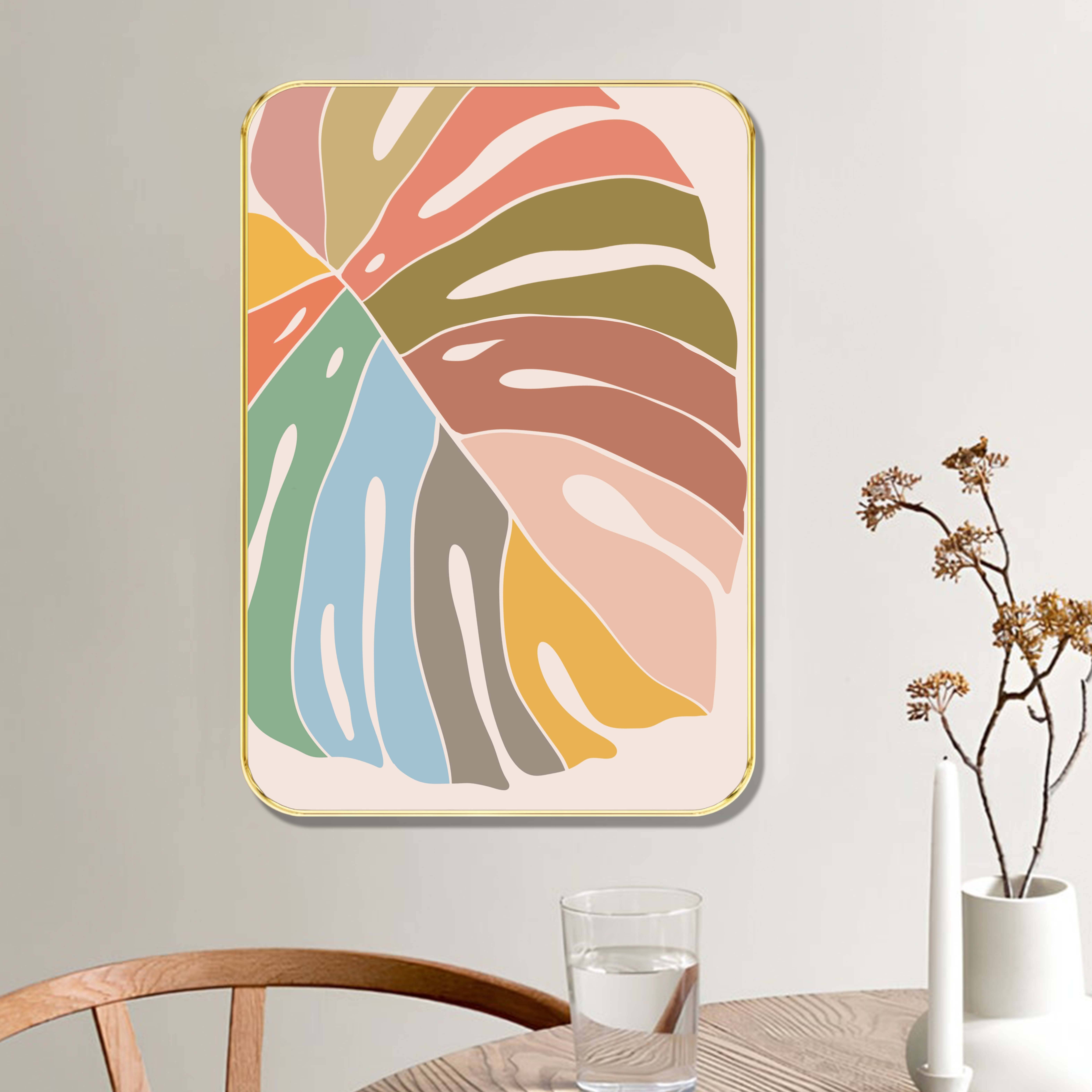     			Golden Framed Wall Art – Multicolor Abstract Leaf Design on Pastel Background | Modern Decorative Wall Painting for Living Room, Bedroom, Office