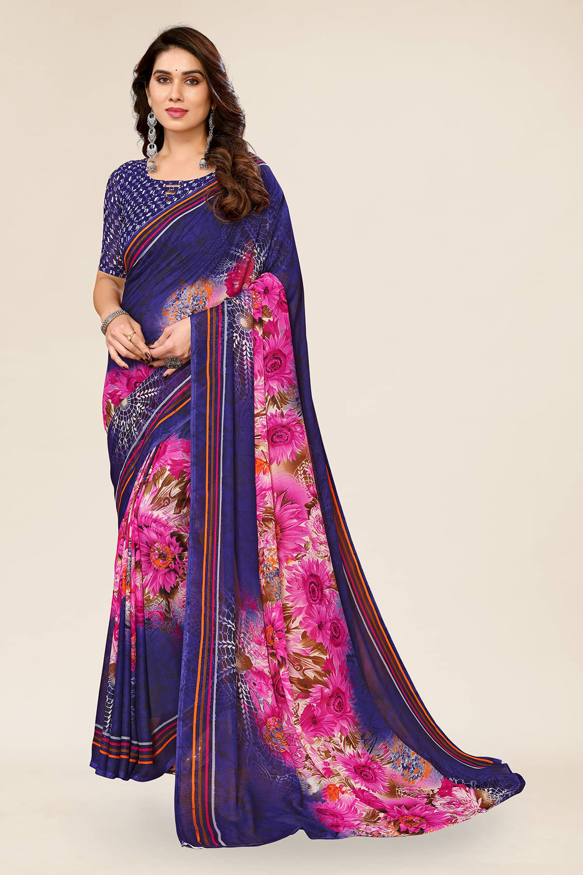 Kashvi Sarees Georgette Printed Chanderi saree With Unstitched Blouse Piece ( Blue )     			Kashvi Sarees Georgette Printed Chanderi saree With Unstitched Blouse Piece ( Blue )