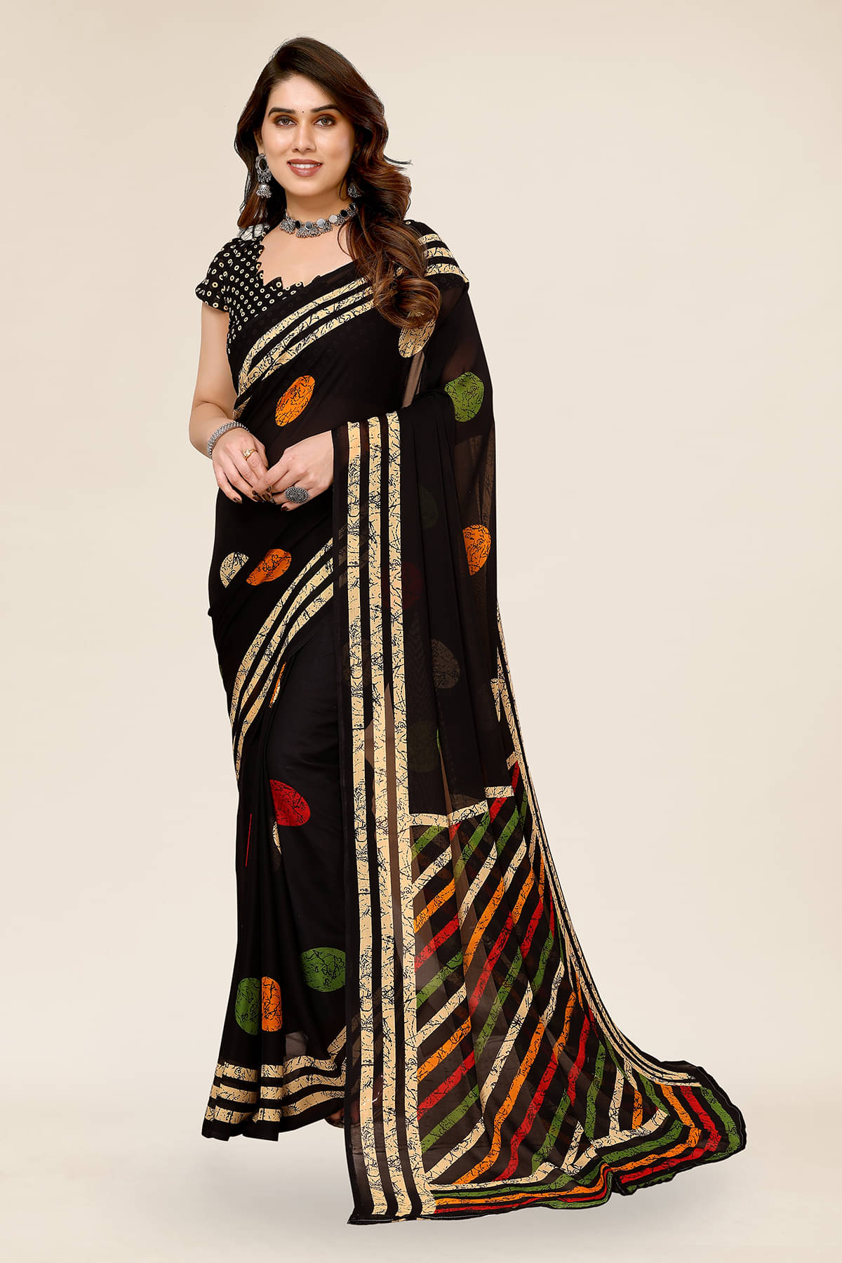 Kashvi Sarees Georgette Printed Chanderi saree With Unstitched Blouse Piece ( Black ) Kashvi Sarees Georgette Printed Chanderi saree With Unstitched Blouse Piece ( Black )