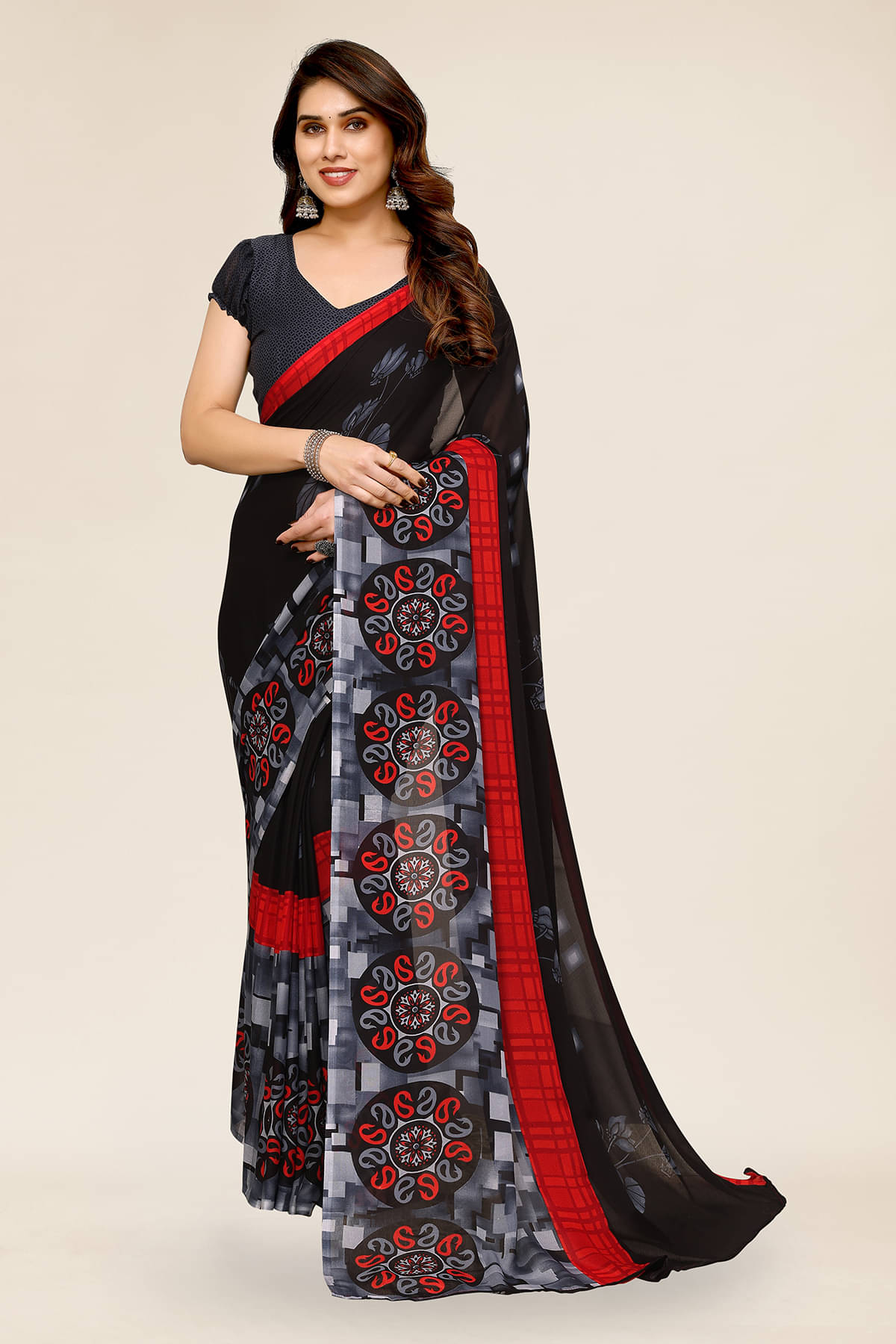 Kashvi Sarees Georgette Printed Chanderi saree With Unstitched Blouse Piece ( Black ) Kashvi Sarees Georgette Printed Chanderi saree With Unstitched Blouse Piece ( Black )