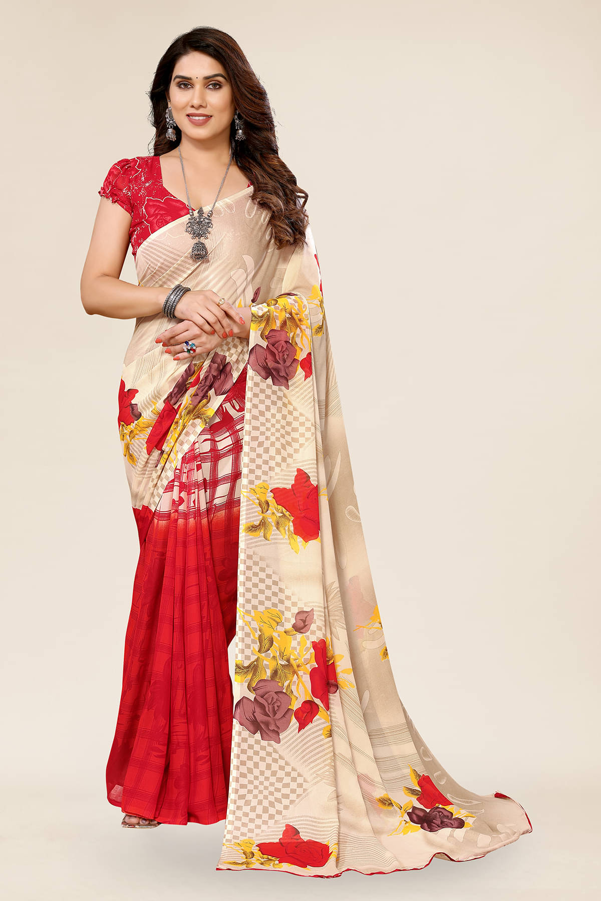 Kashvi Sarees Georgette Printed Chanderi saree With Unstitched Blouse Piece ( Red )     			Kashvi Sarees Georgette Printed Chanderi saree With Unstitched Blouse Piece ( Red )