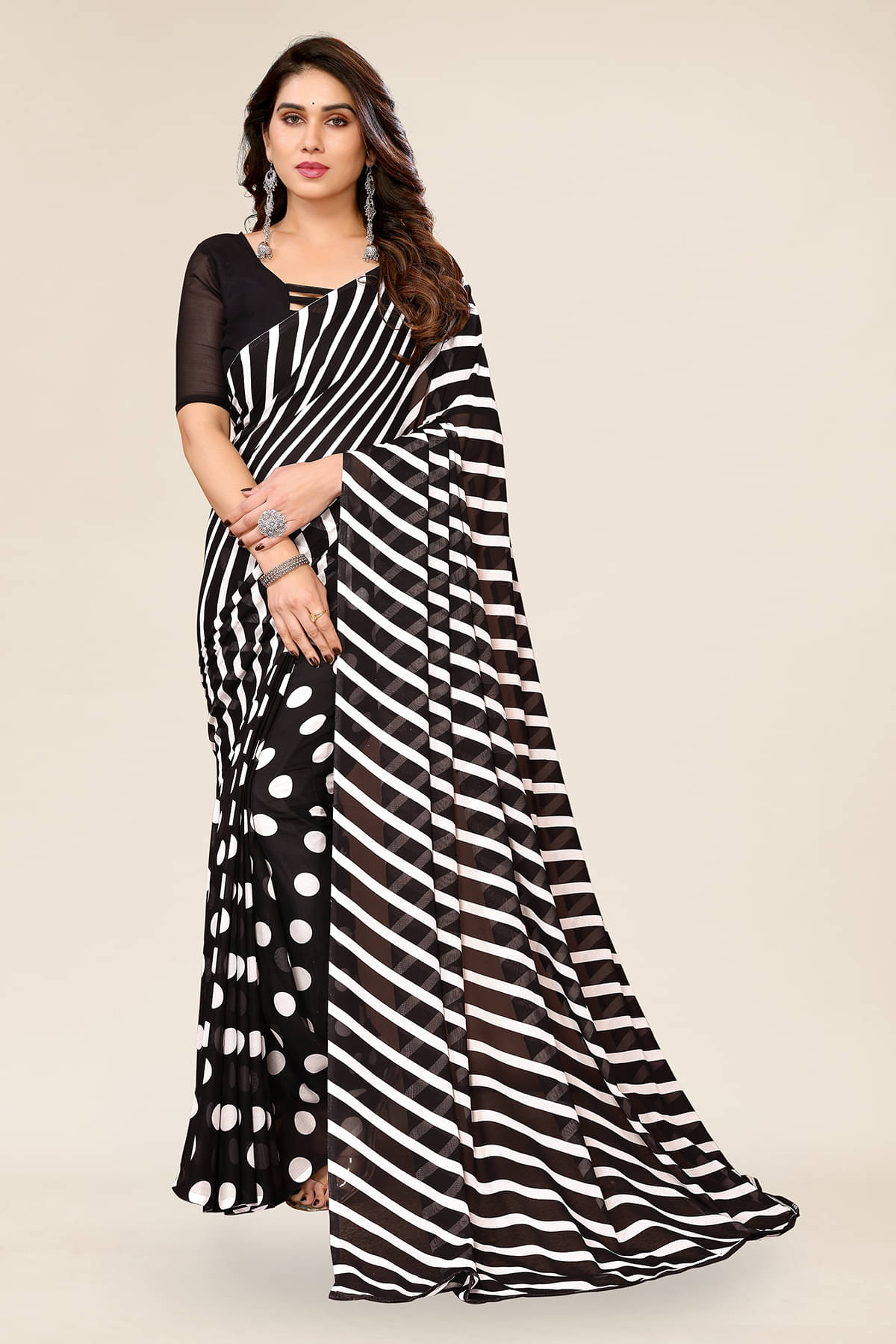     			Kashvi Sarees Georgette Printed Chanderi saree With Unstitched Blouse Piece ( Black )