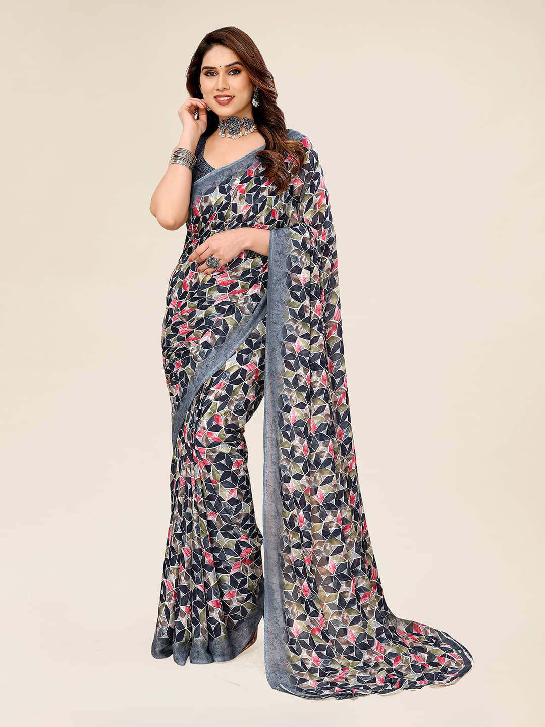 Kashvi Sarees Georgette Printed Chanderi saree With Unstitched Blouse Piece ( Grey ) Kashvi Sarees Georgette Printed Chanderi saree With Unstitched Blouse Piece ( Grey )