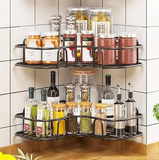    			( 2PIS COMBO ) Self Adhesive Bathroom Corner Shelves, Wall Mounted Holder Washroom Organizer, L-Shape Corner Wall Hanging Multipurpose Shelf for Bathroom and Kitchen, Black