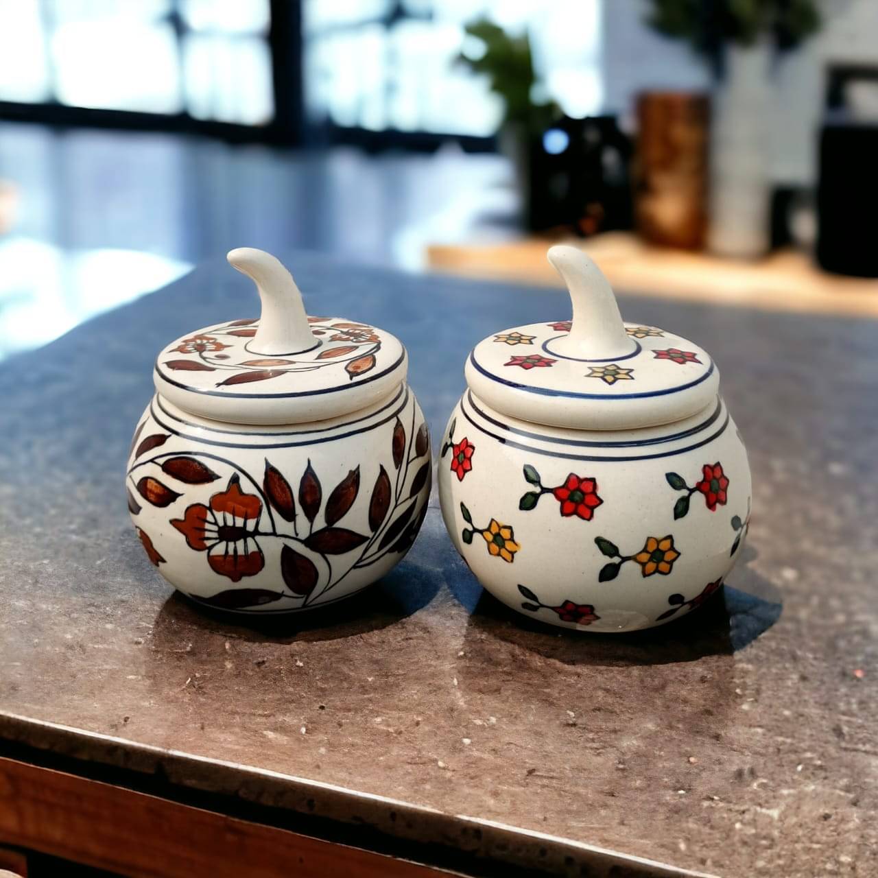 Malaikah Brwn, Wht Lid Jar Ceramic Multicolor Spice Container ( Set of 2 ) Malaikah Brwn, Wht Lid Jar Ceramic Multicolor Spice Container ( Set of 2 )
