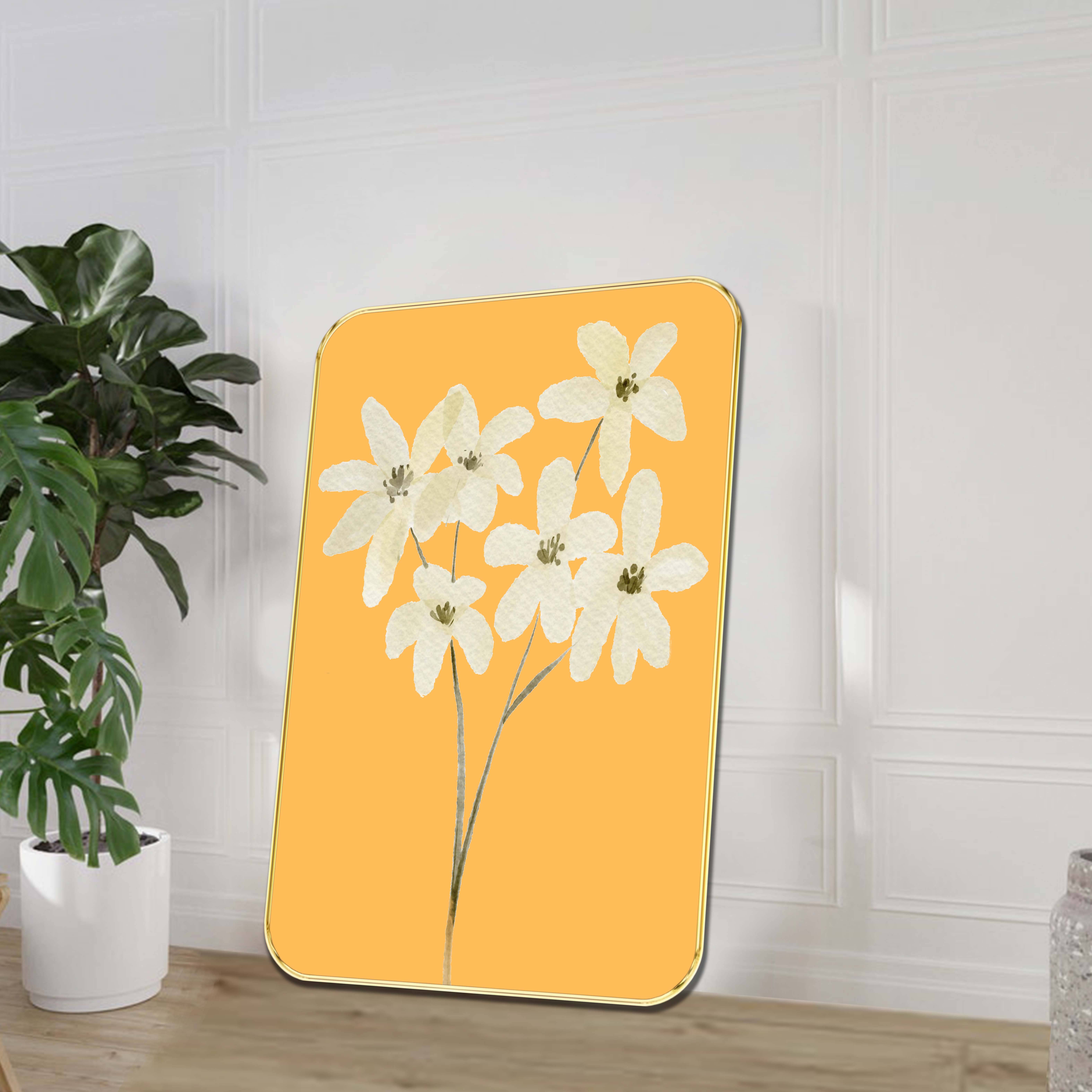     			Minimalist Floral Wall Art | Cream White Bloom on Mustard Yellow Background | Modern Botanical Framed Painting for Living Room & Bedroom Decor