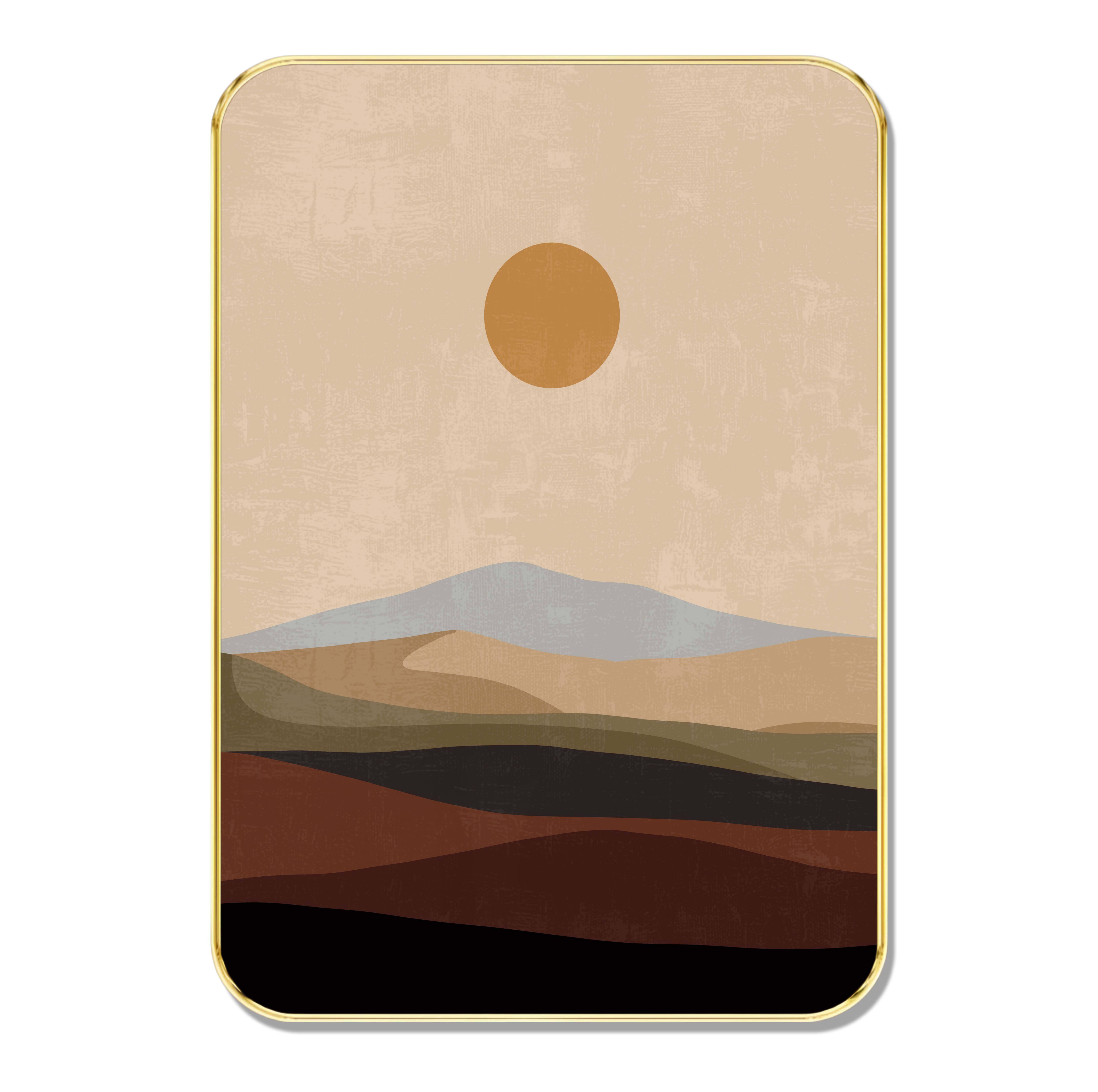     			Minimalist Mountain Sunset Wall Art | Earth-Tone Abstract Landscape Painting with Golden Frame | Modern Boho Framed Decor for Living Room, Bedroom, Office