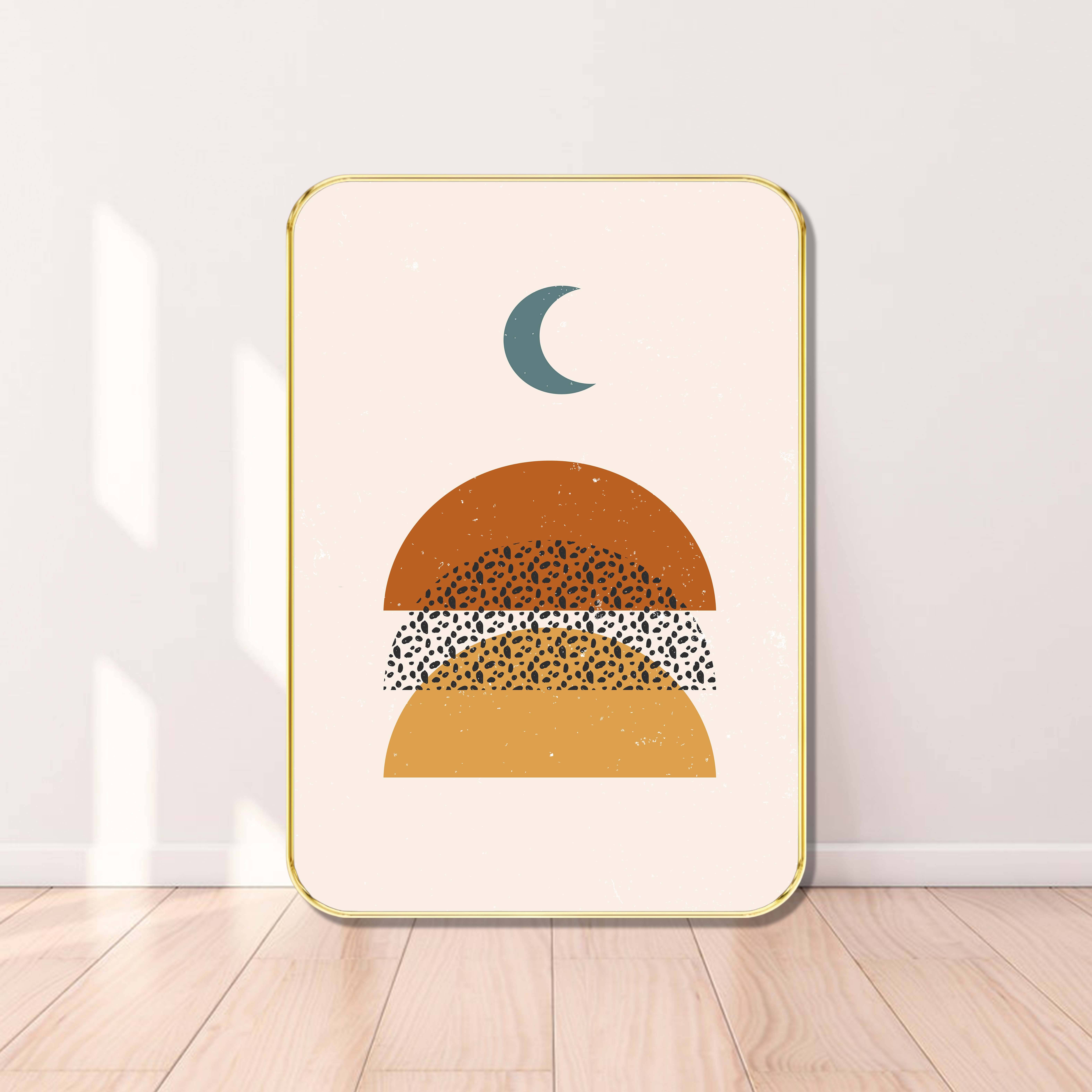     			Moon Over Terracotta Hill Wall Art | Abstract Minimalist Geometric Painting | Golden Frame | Modern Boho Decor for Living Room, Bedroom & Office