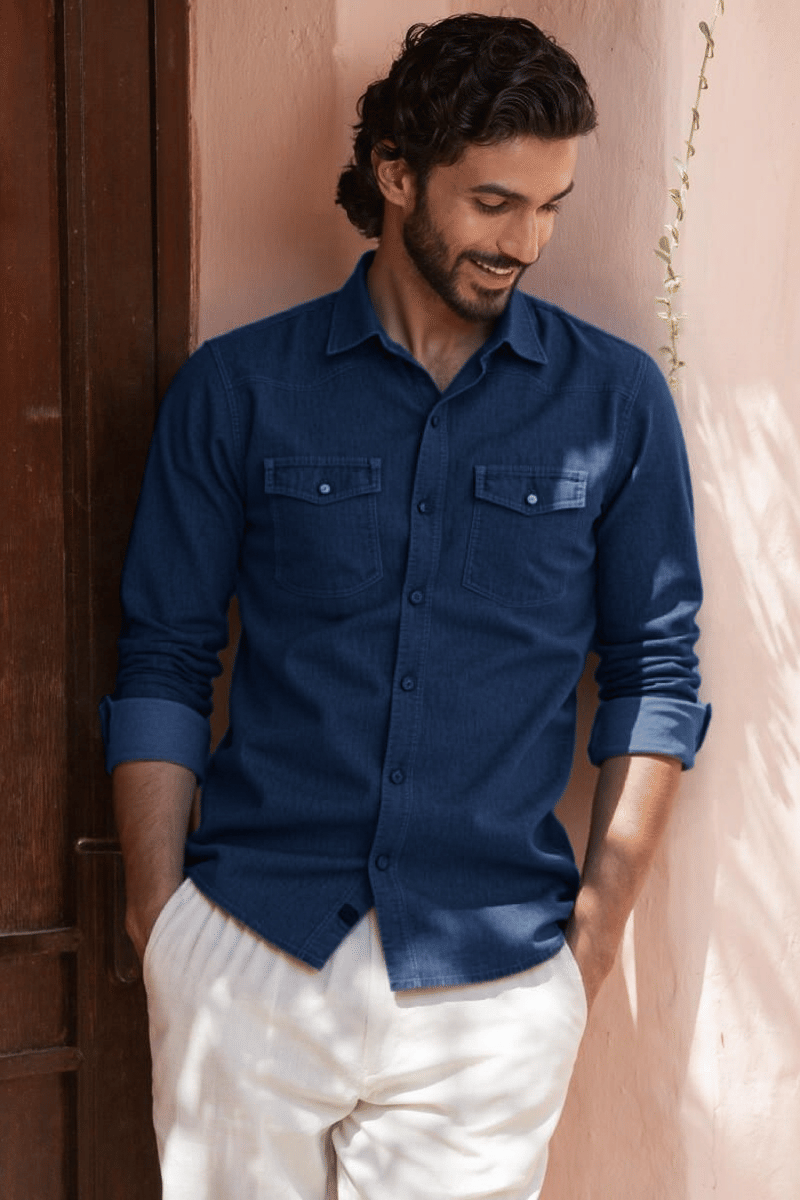     			NEW-18 Denim Regular Fit Solids Full Sleeves Men's Casual Shirt - Navy ( Pack of 1 )