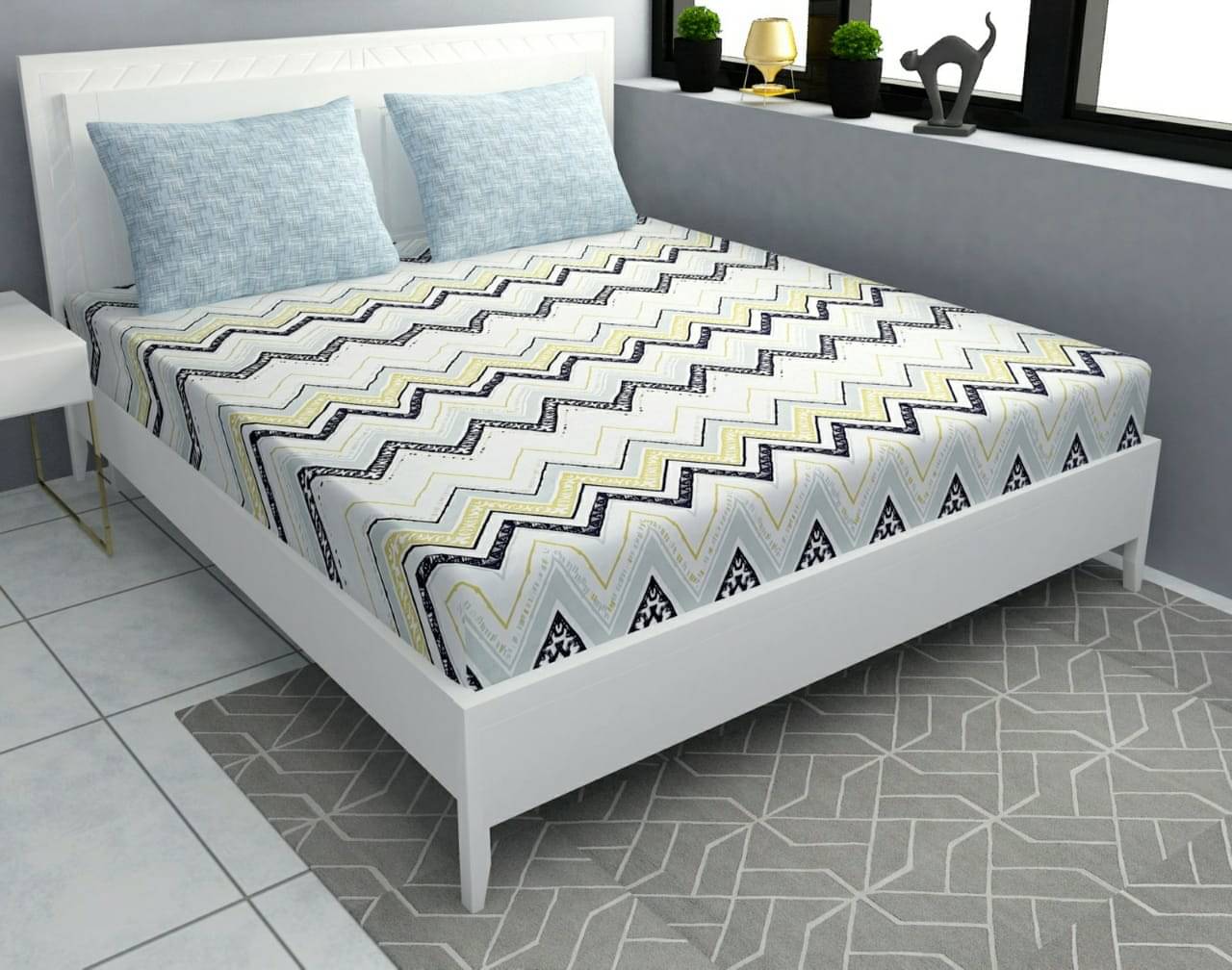    			NeLeo Poly Cotton Abstract Fitted 1 Bedsheet with 2 Pillow Covers ( King Size ) - Cream