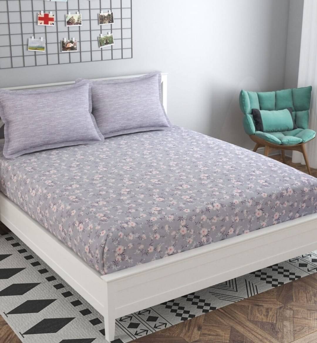 NeLeo Poly Cotton Floral Fitted 1 Bedsheet with 2 Pillow Covers ( King Size ) - Gray NeLeo Poly Cotton Floral Fitted 1 Bedsheet with 2 Pillow Covers ( King Size ) - Gray