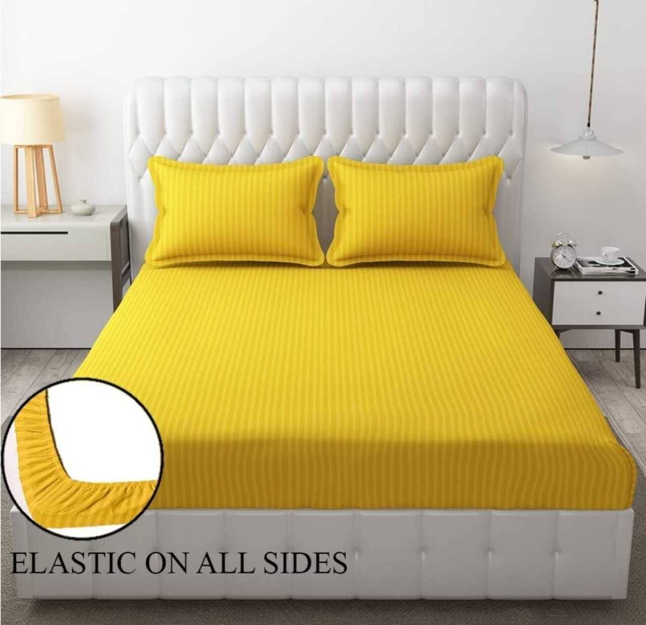 NeLeo Poly Cotton Striped Fitted 1 Bedsheet with 2 Pillow Covers ( King Size ) - Yellow NeLeo Poly Cotton Striped Fitted 1 Bedsheet with 2 Pillow Covers ( King Size ) - Yellow
