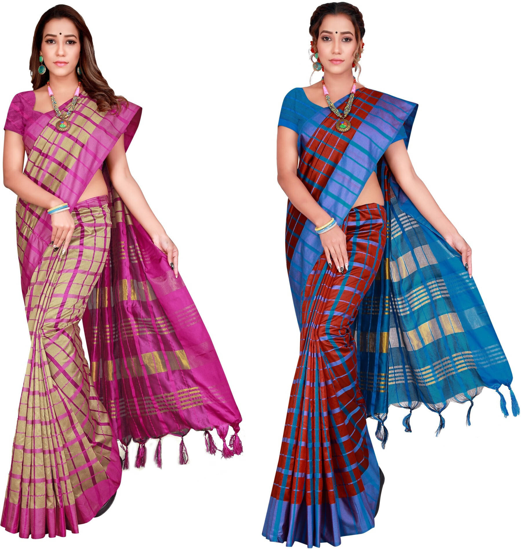 Priyansh Creation Cotton Silk Checks Saree With Unstitched Blouse Piece ( Brown ) Priyansh Creation Cotton Silk Checks Saree With Unstitched Blouse Piece ( Brown )