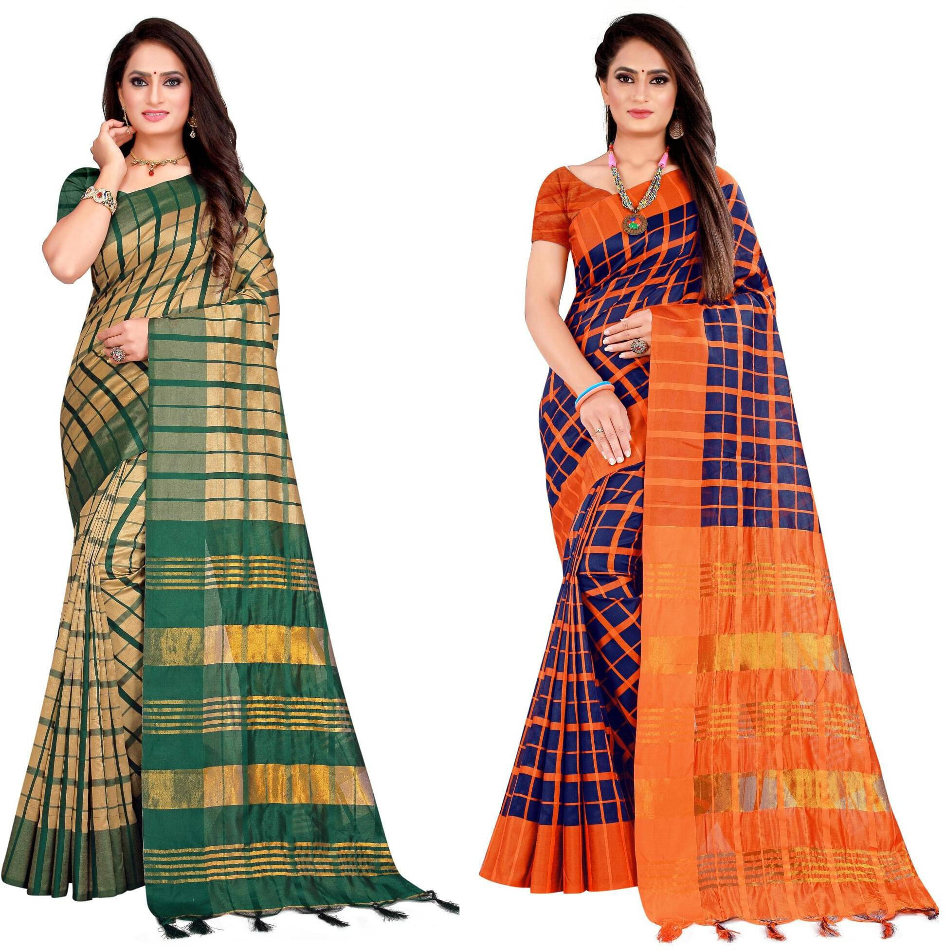 Priyansh Creation Cotton Silk Checks Saree With Unstitched Blouse Piece ( Blue ) Priyansh Creation Cotton Silk Checks Saree With Unstitched Blouse Piece ( Blue )