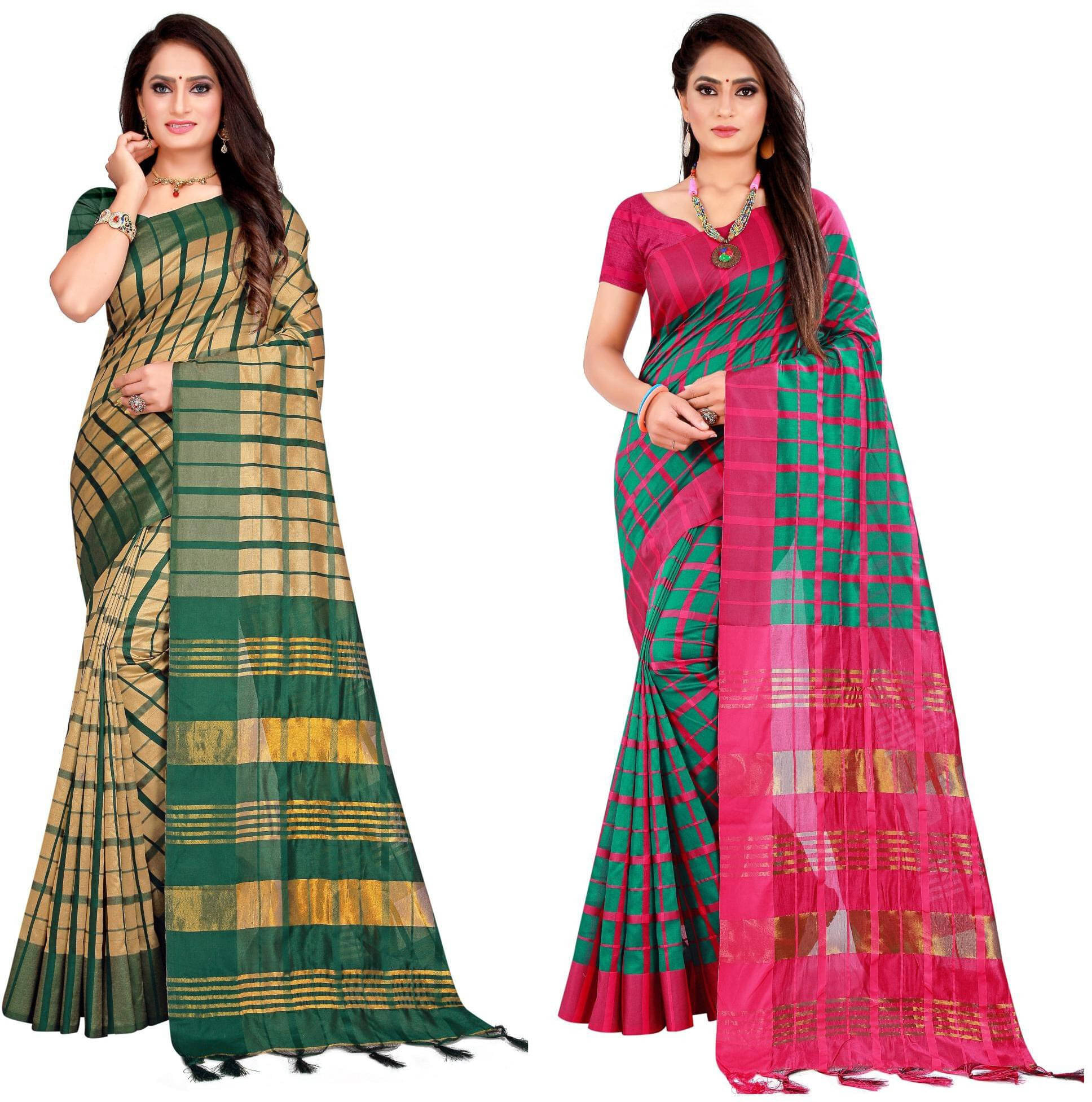Priyansh Creation Cotton Silk Checks Saree With Unstitched Blouse Piece ( Green ) Priyansh Creation Cotton Silk Checks Saree With Unstitched Blouse Piece ( Green )