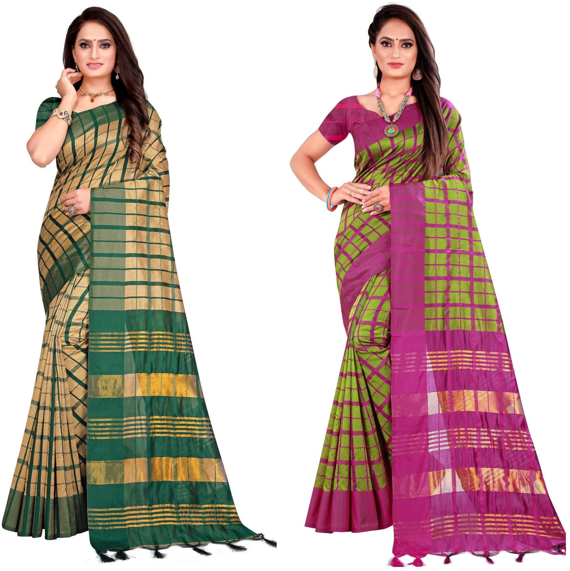     			Priyansh Creation Cotton Silk Checks Saree With Unstitched Blouse Piece ( Light Green )