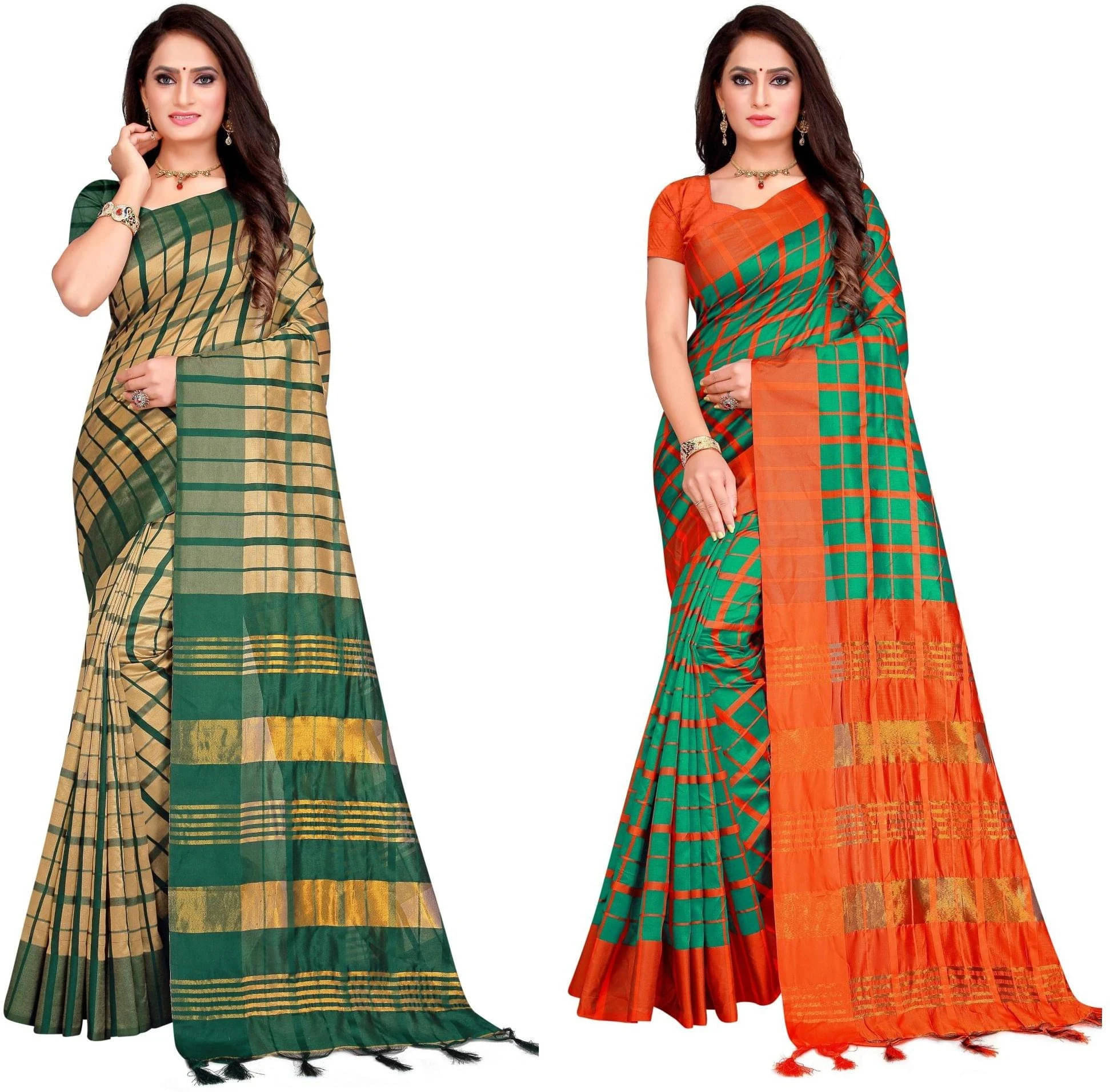 Priyansh Creation Cotton Silk Checks Saree With Unstitched Blouse Piece ( Orange ) Priyansh Creation Cotton Silk Checks Saree With Unstitched Blouse Piece ( Orange )