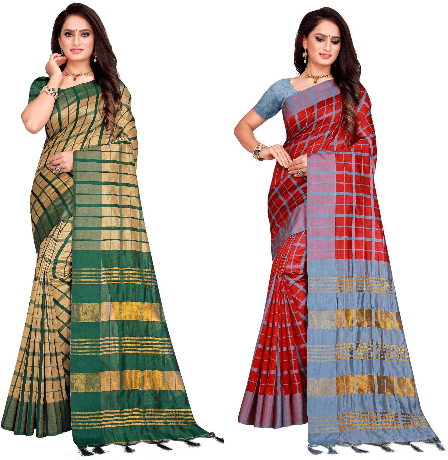     			Priyansh Creation Cotton Silk Checks Saree With Unstitched Blouse Piece ( Grey )