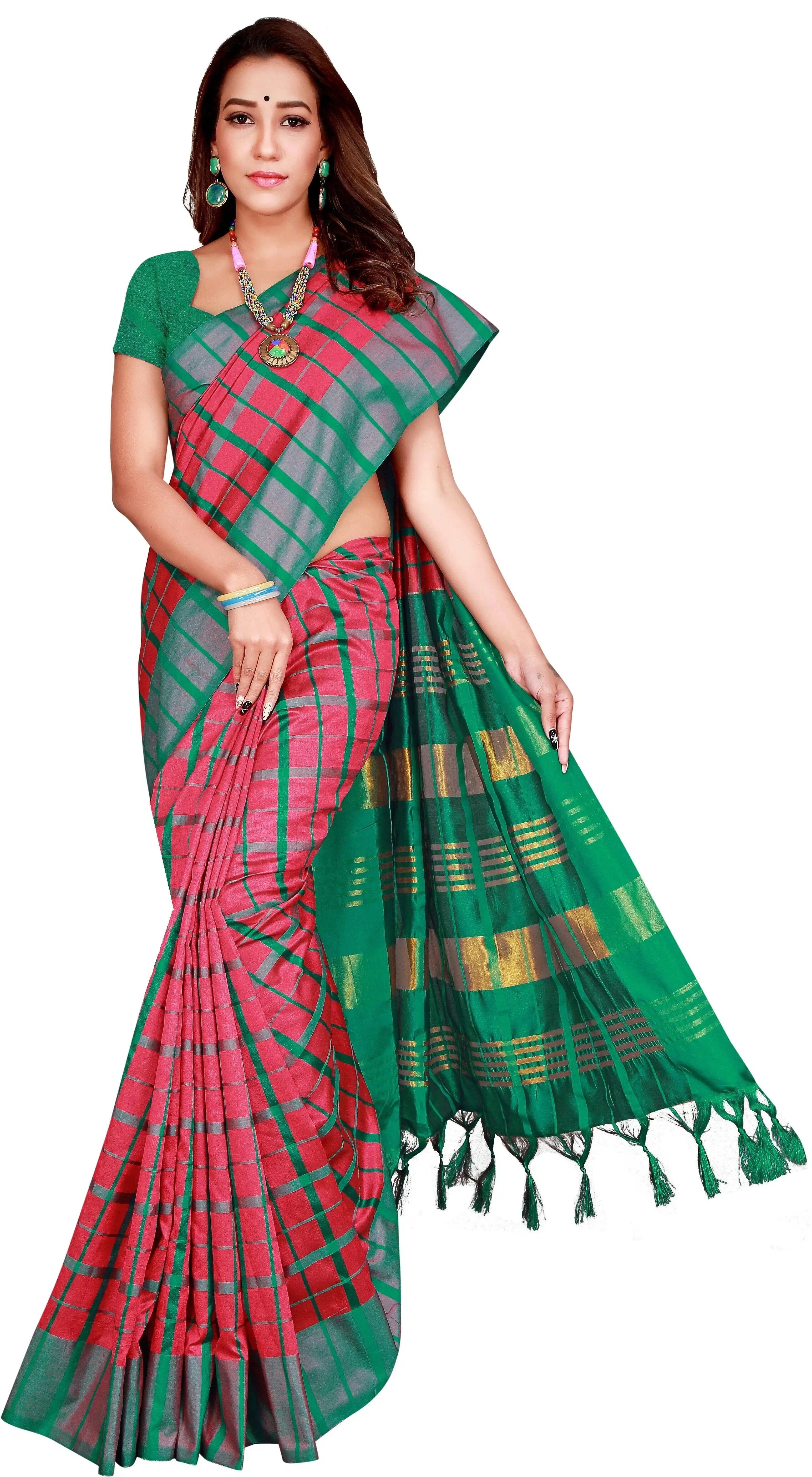     			Priyansh Creation Cotton Silk Checks Saree With Unstitched Blouse Piece ( Pink )