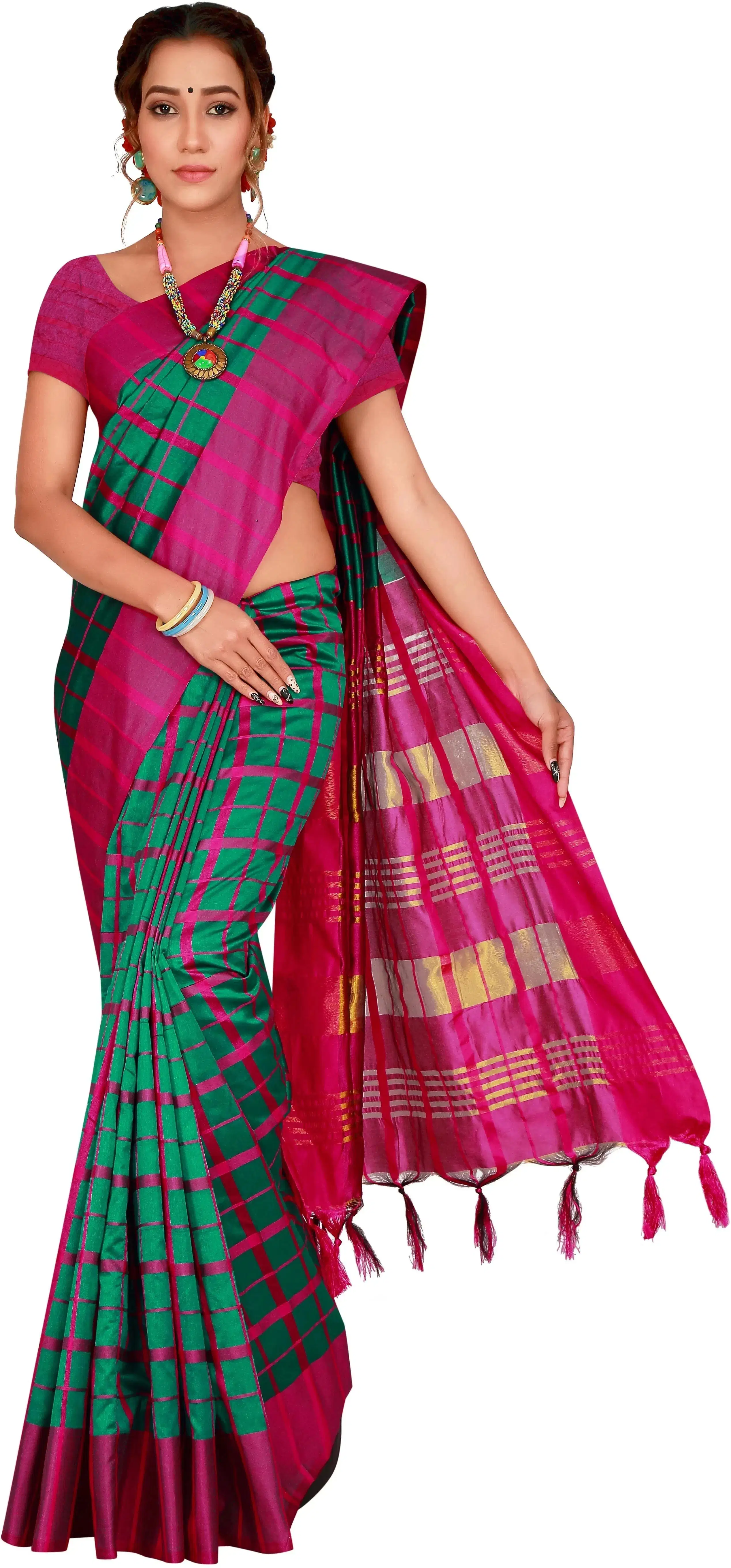 Priyansh Creation Cotton Silk Checks Saree With Unstitched Blouse Piece ( Green ) Priyansh Creation Cotton Silk Checks Saree With Unstitched Blouse Piece ( Green )