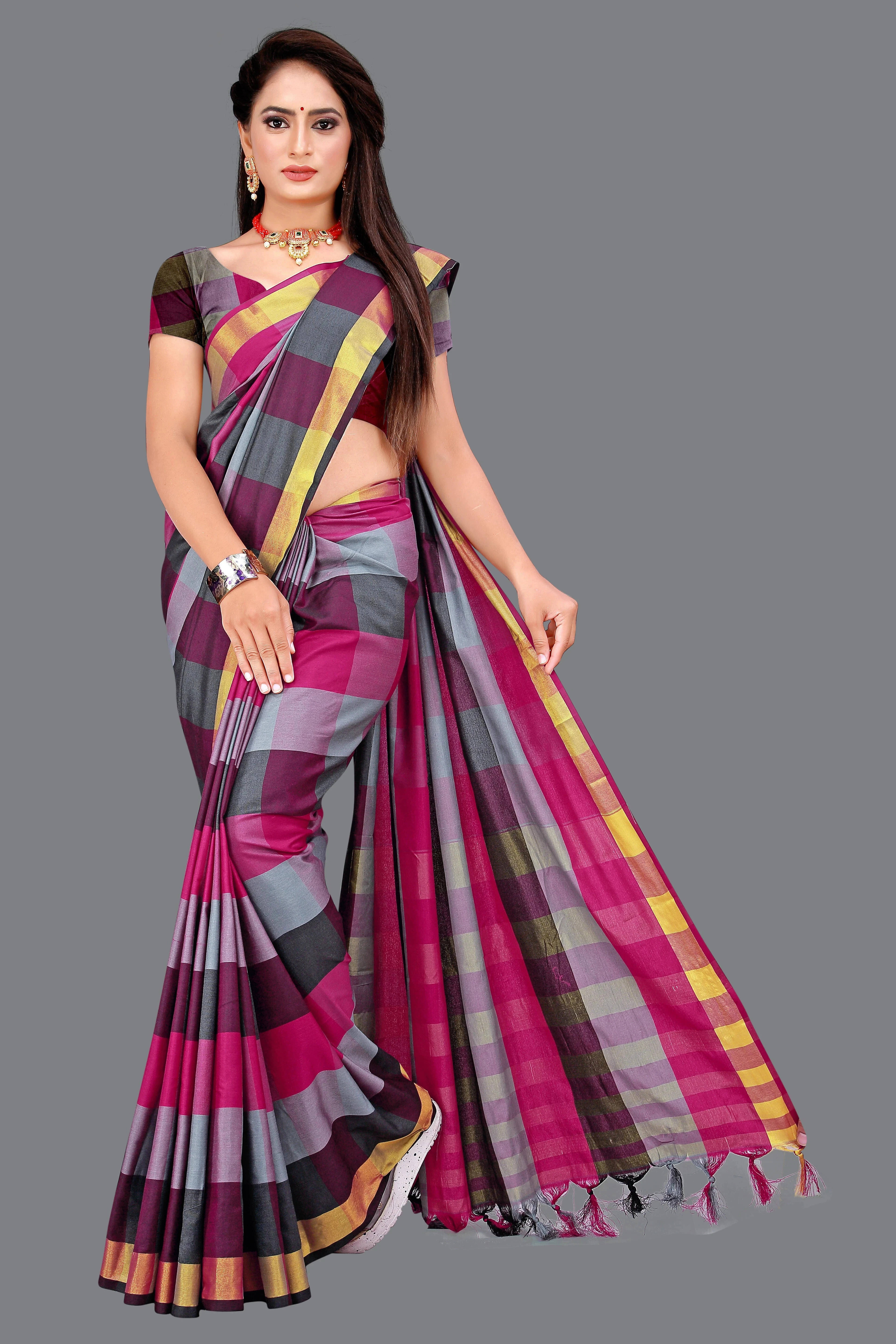 Priyansh Creation Cotton Silk Checks Saree With Unstitched Blouse Piece ( Grey ) Priyansh Creation Cotton Silk Checks Saree With Unstitched Blouse Piece ( Grey )